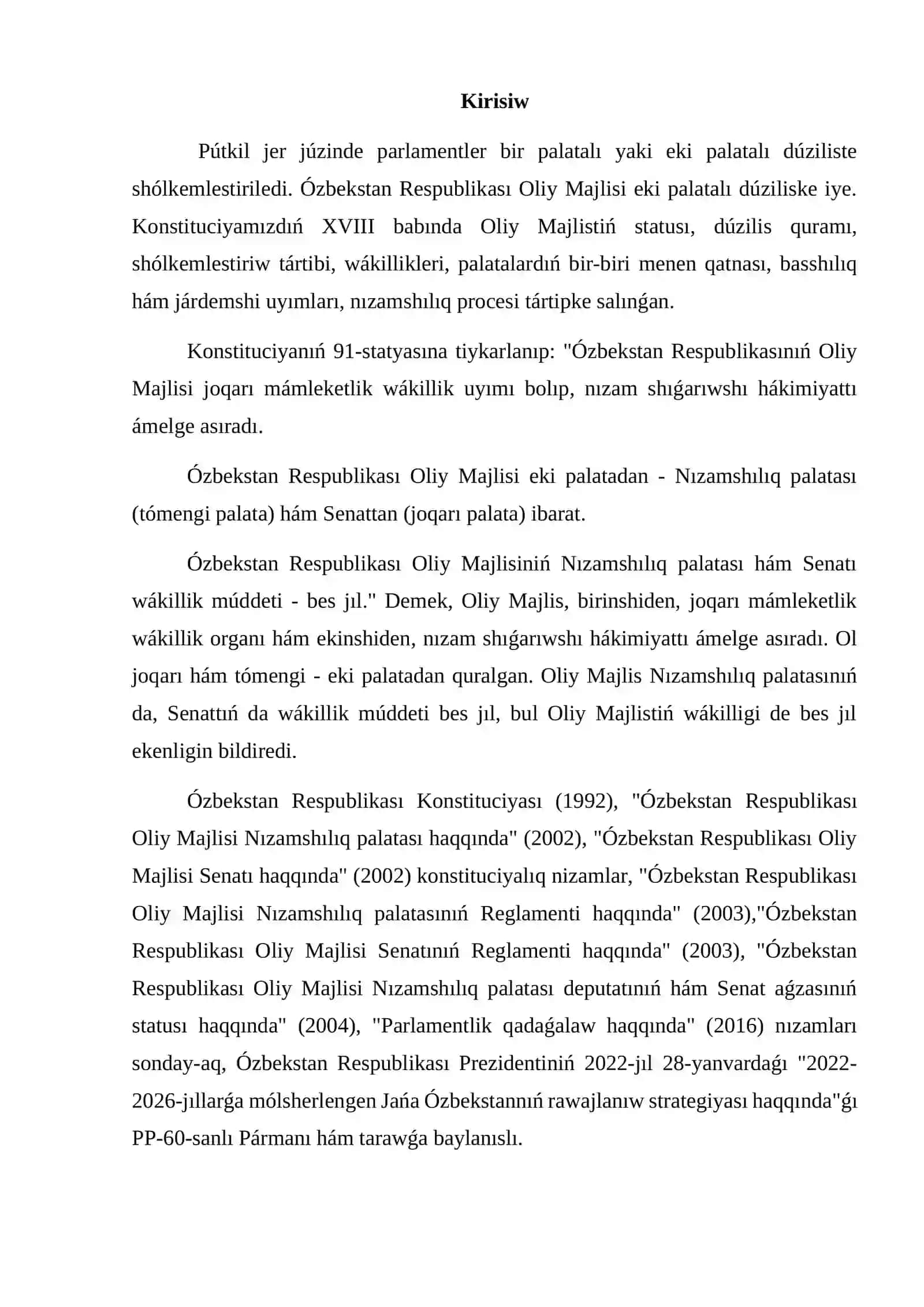 Ózbekistan Respublikası Oliy májlistiń duzilisi hám iskerliktiń konstitutsıyalıq tıykarları 2