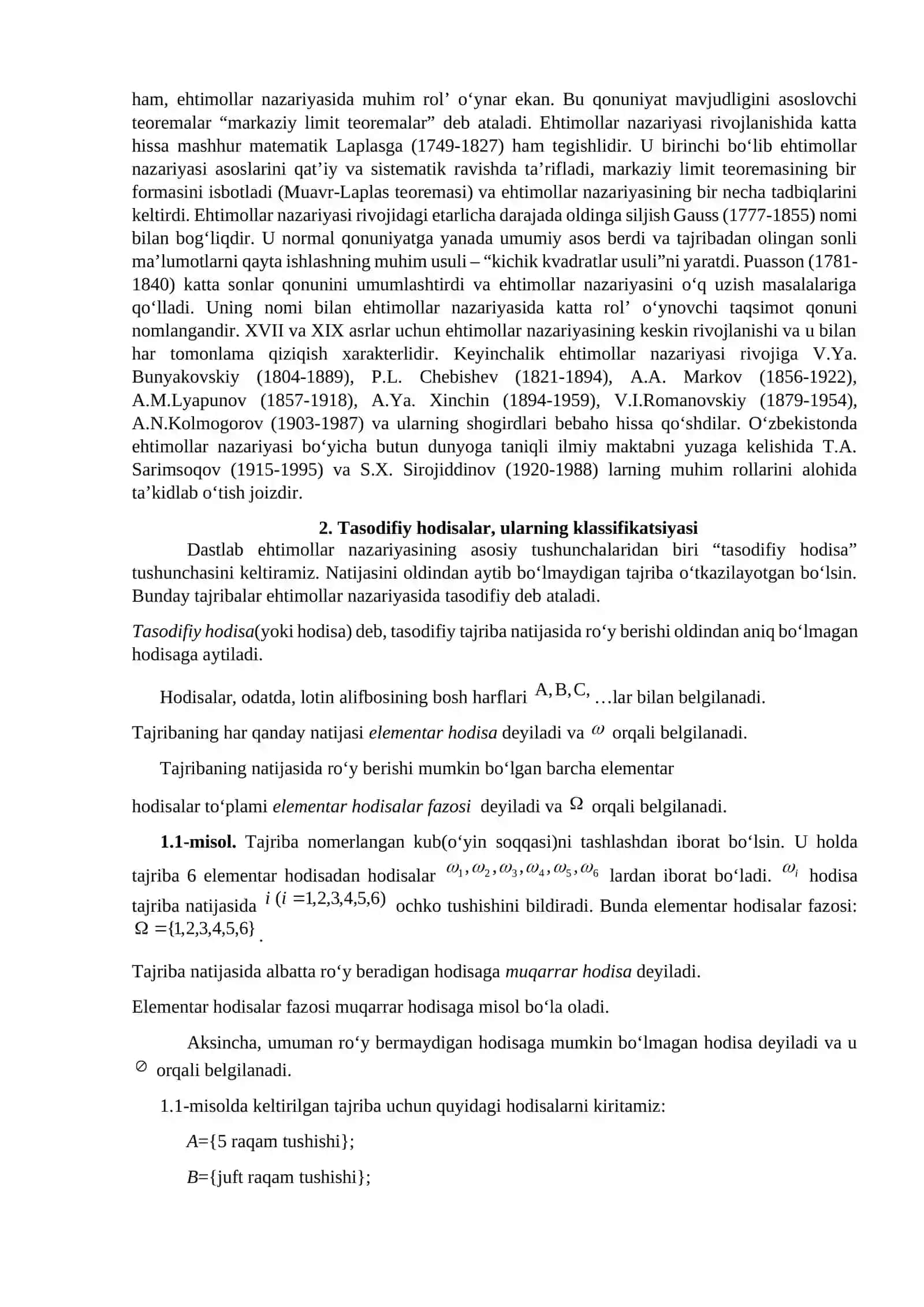 Stoxastik tajriba. Elementar hodisalar fazosi. Ehtimollar nazariyasining asoslari. 2