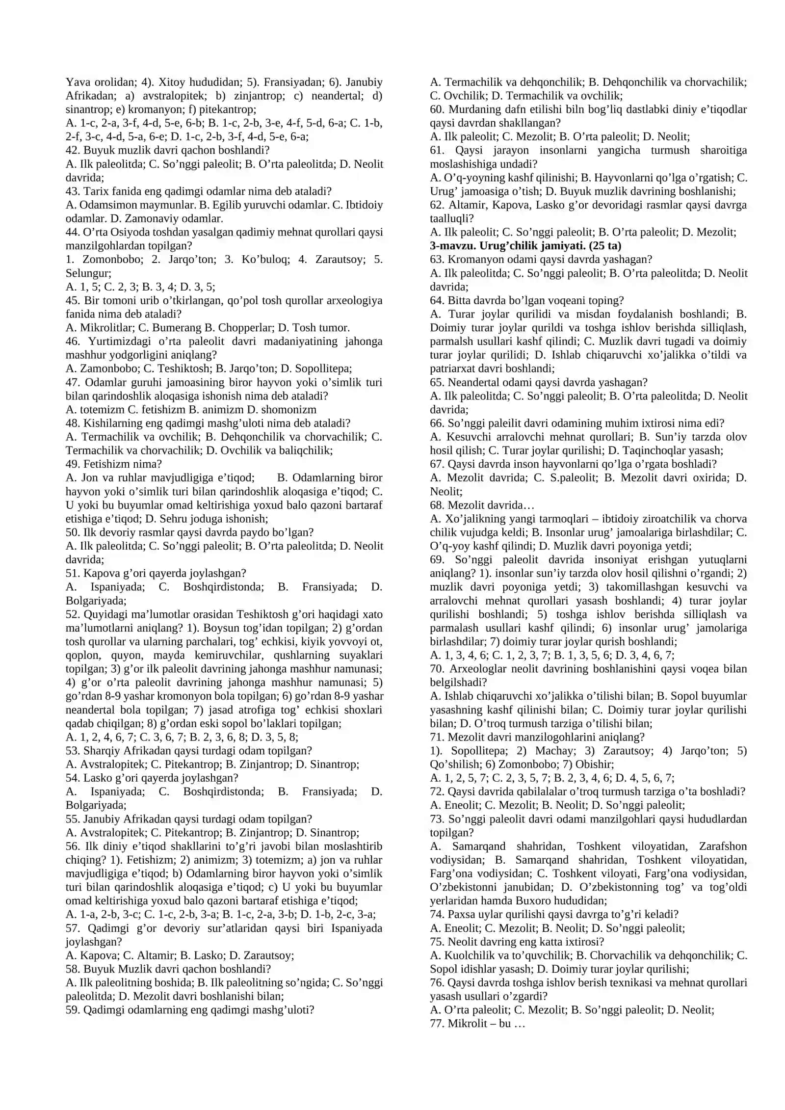 6-sinf Qadimgi Dunyo Tarixi 1-10-mavzular yuzasidan mavzulashtirilgan testlar 2