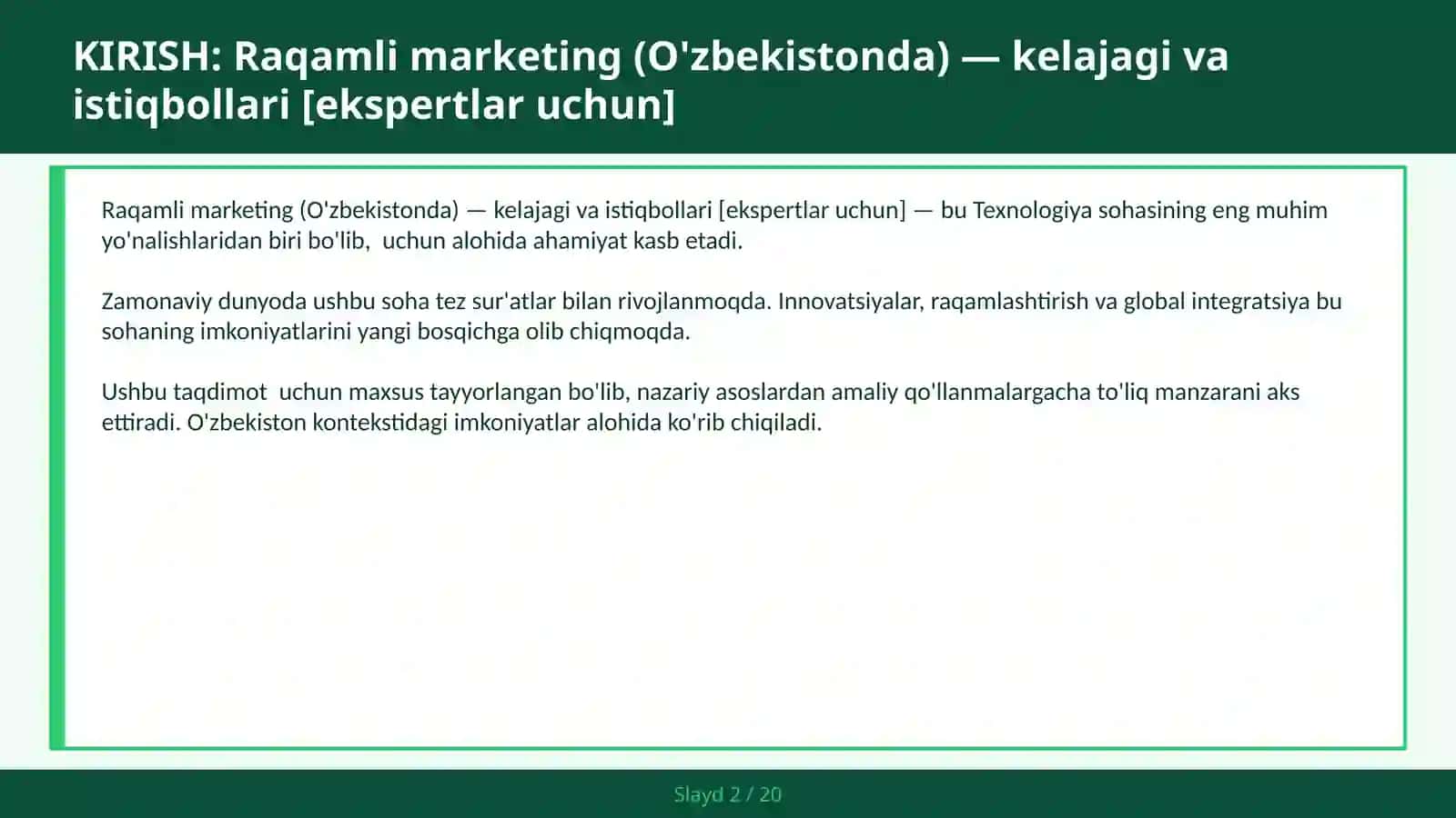 Raqamli Marketing (O'zbekistonda) - Kelajagi va Istiqbollari [Ekspertlar Uchun] 2