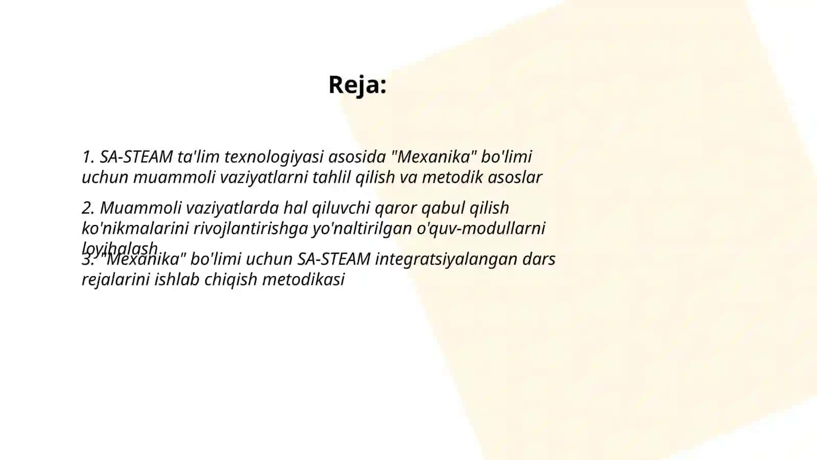Metodik ishlanma "Mexanika boʻlimi" uchun 2