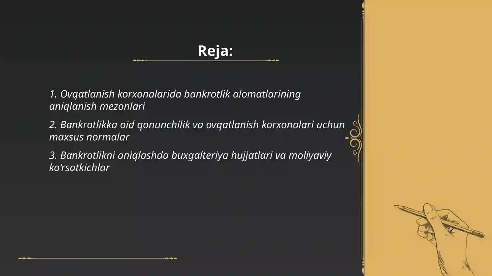 Bankrotlik alomatlari bo’lgan ovqatlanish korxonalarini tugatish shartlari va tartibi 2