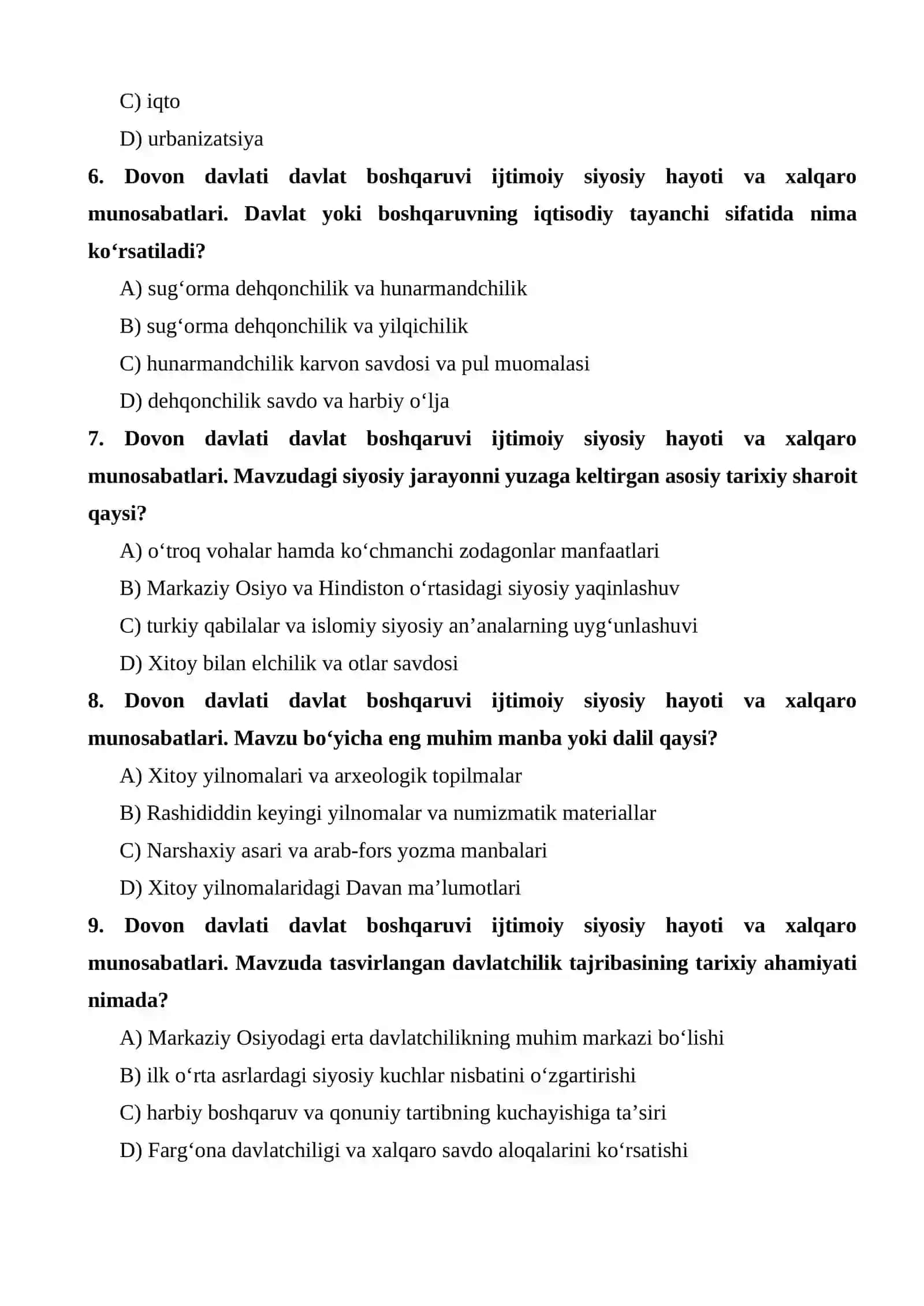 Dovon davlati davlat boshqaruvi ijtimoiy siyosiy hayoti va xalqaro munosabatlari test 2