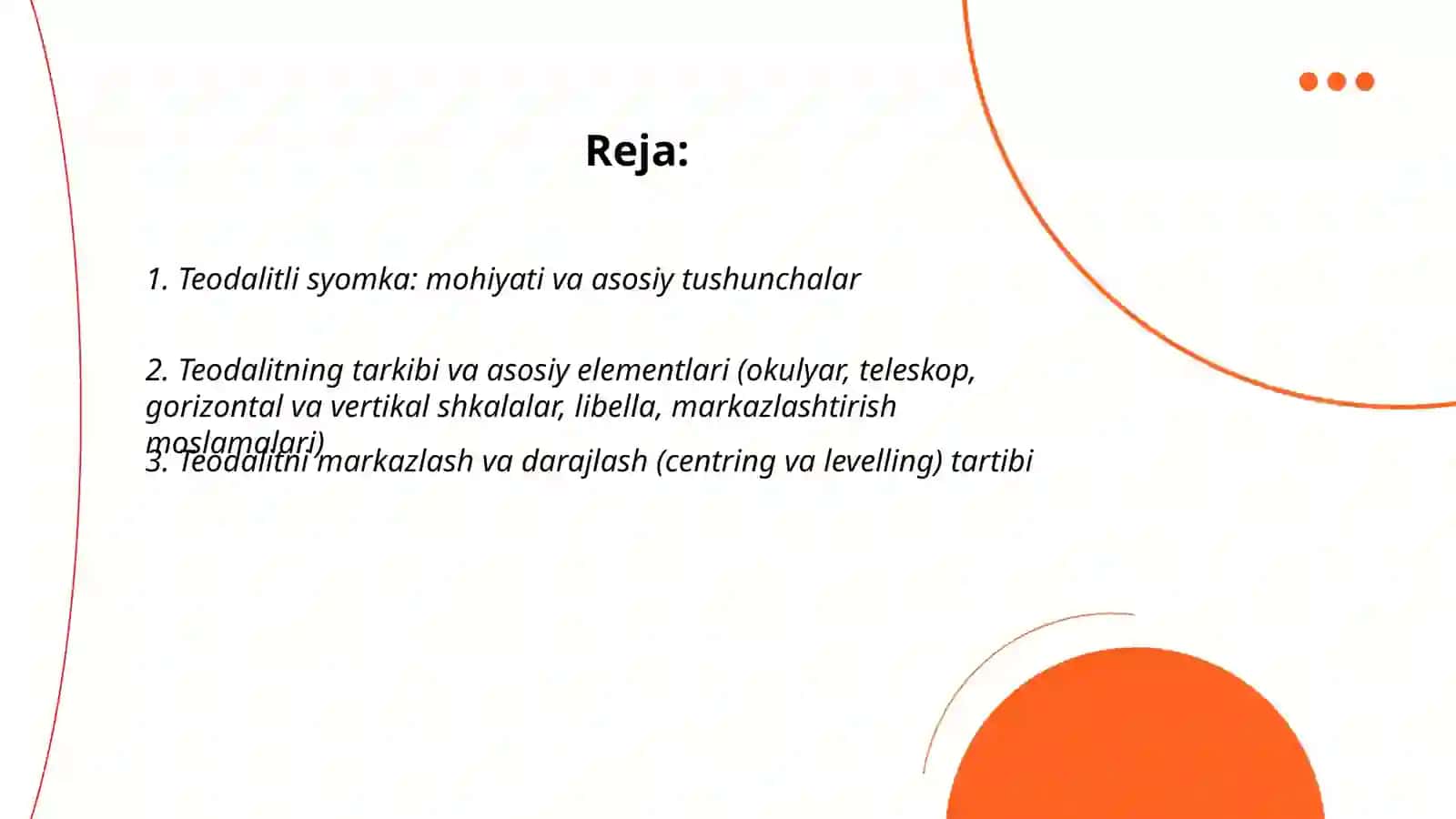 Teodalitli syomka. Mohiyati, tarkibi va ish tartibi. Dala ishlari. Joy tafsilotlarini syomka qilish metodlari 2