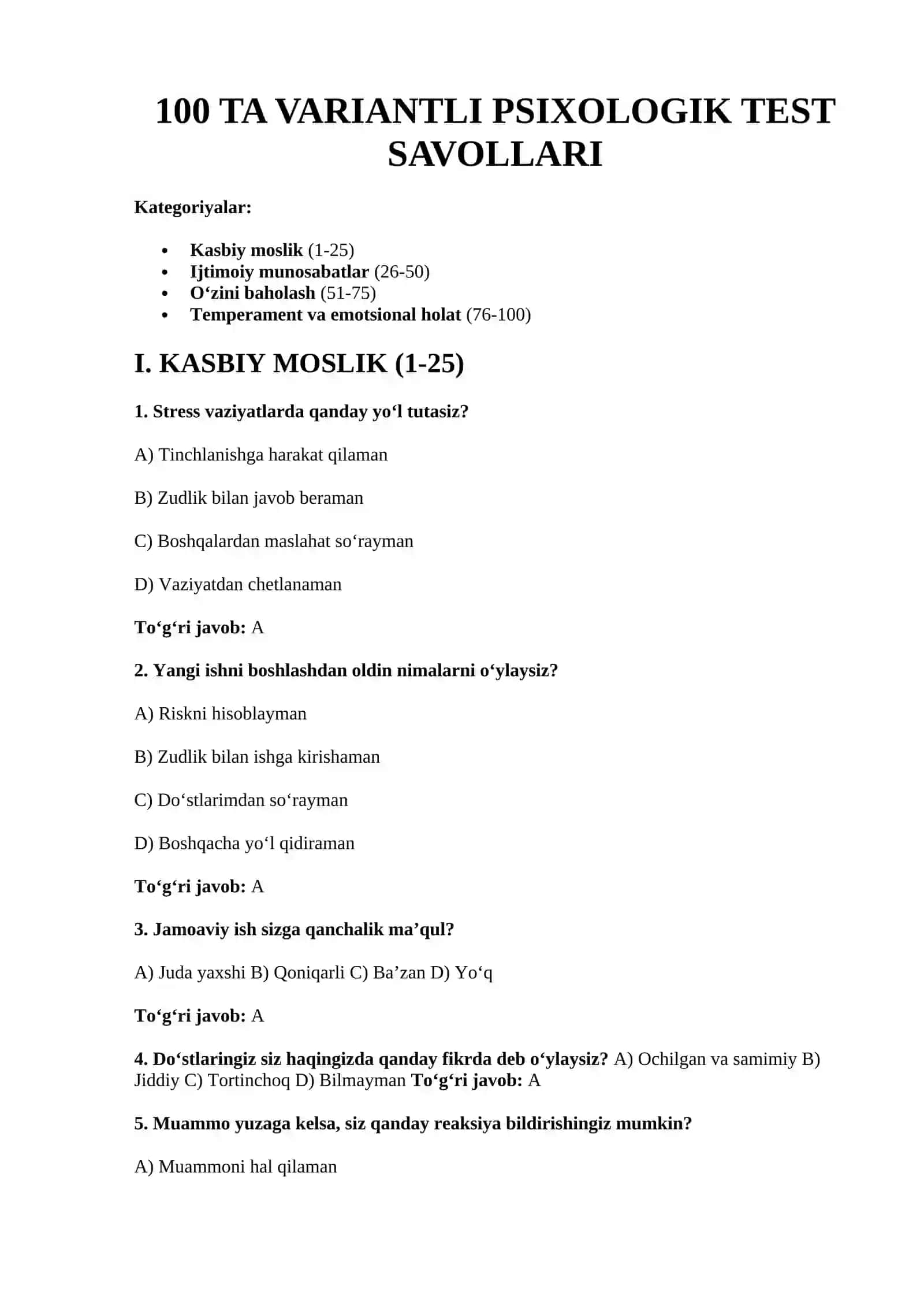 Ichki ishlar organlariga ishga kirmoqchi bo'lganlar uchun 100 TA VARIANTLI PSIXOLOGIK TEST SAVOLLARI 3-qism 2