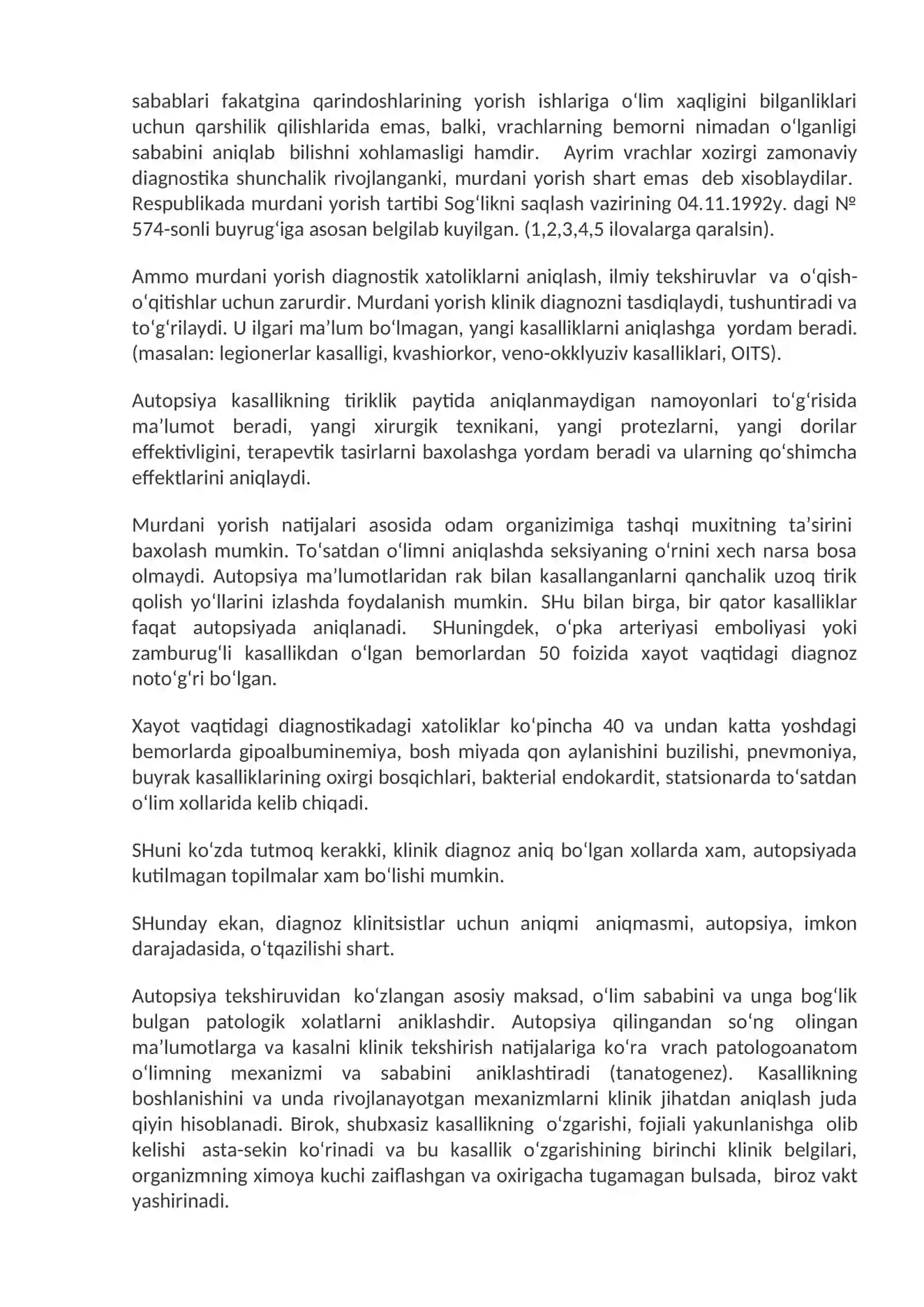 Patologik anatomiya xizmatini tashkil etishning qoidalari va uning O‘zbekiston Respublikasi sog‘liqni saqlash tizimida tutgan axamiyati. Kasalliklarni patologoanatomik jihatdan tekshirish va aniqlash usullari. Autopsiya, biopsiya 2