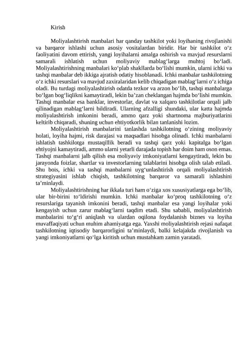 Moliyalashtirish manbalari ichki va tashqi imkoniyatlar 2