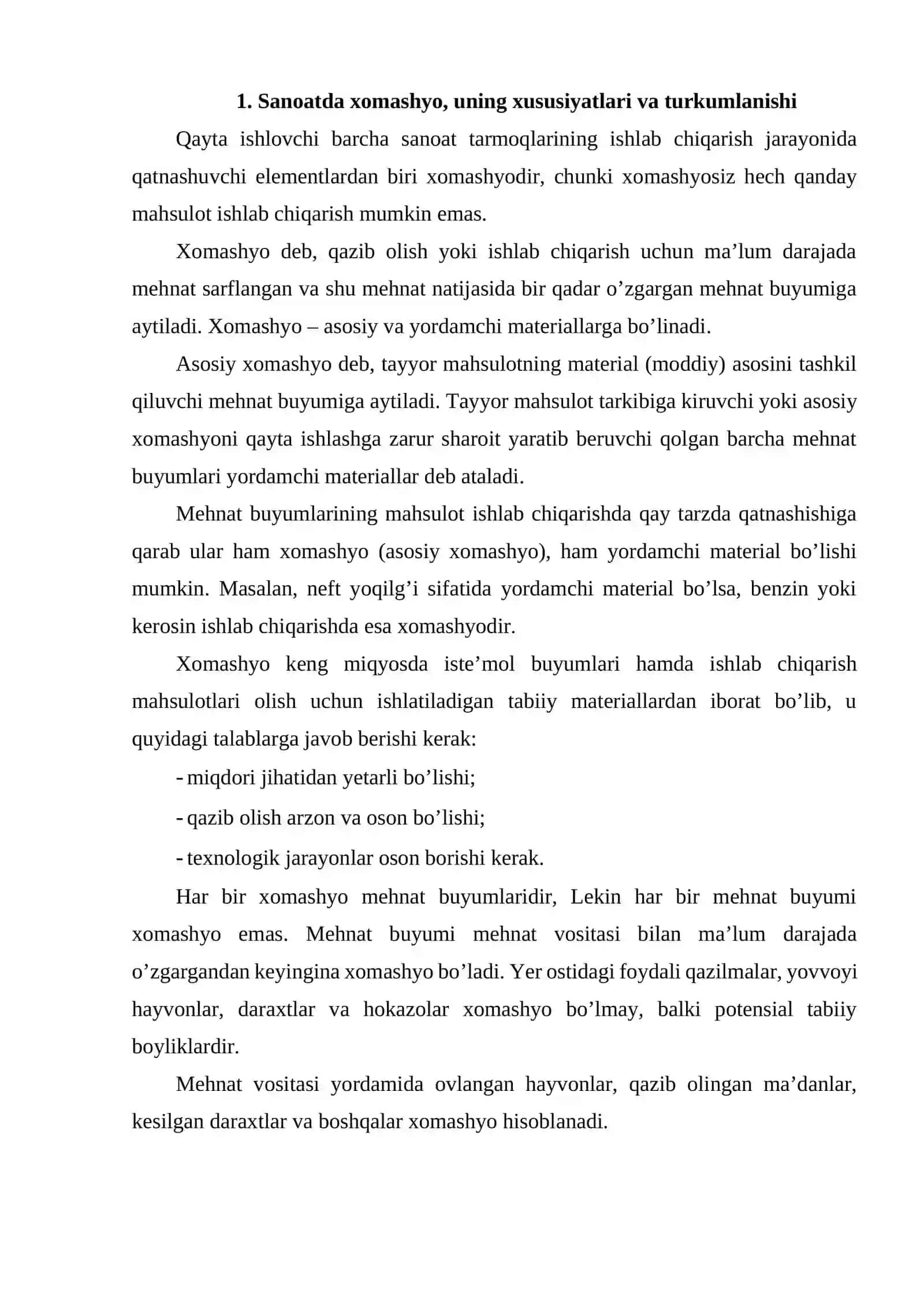 Sanoatda xomashyo, uning xususiyatlari va turkumlanishi 2
