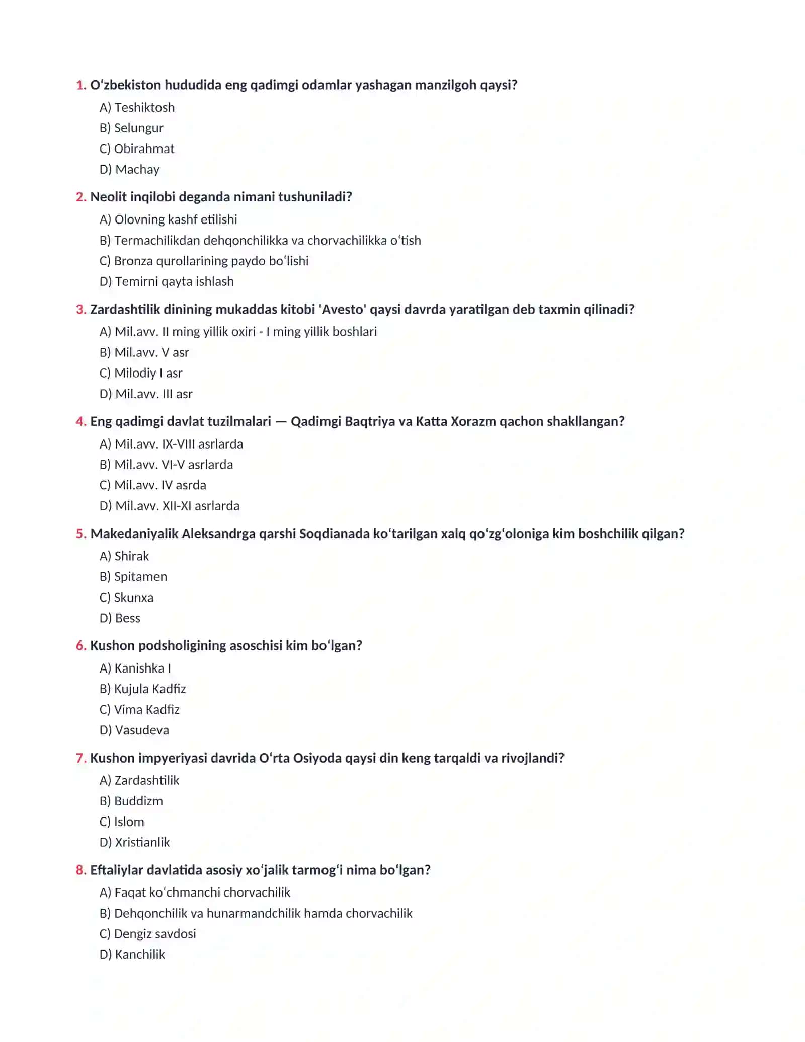 O‘ZBEKISTON TARIXI 100 ta Saralangan Test Savollari va Kalitlar (Javoblar) 2