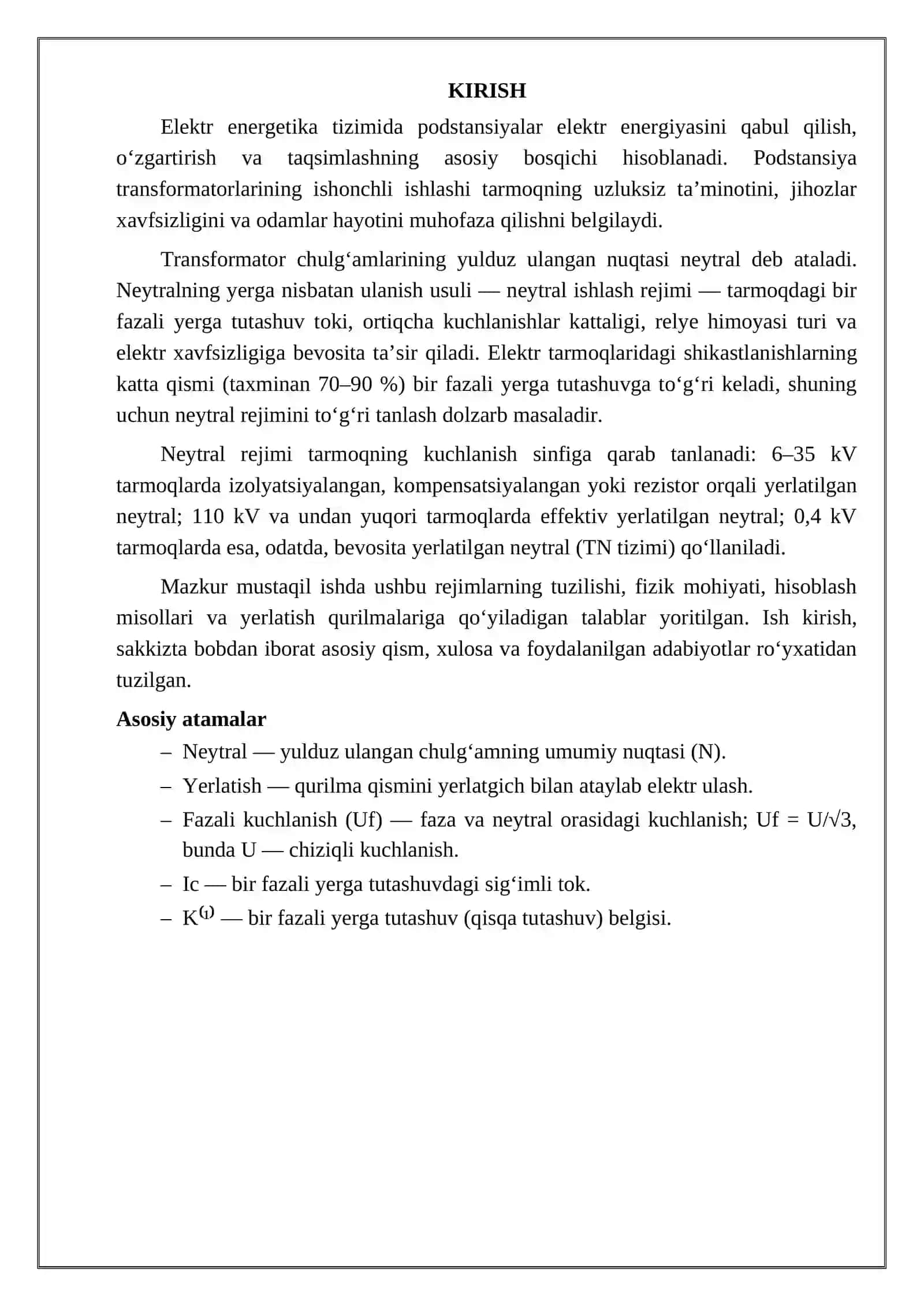Neytral ishlash rejimlari va yerlatish reja 2
