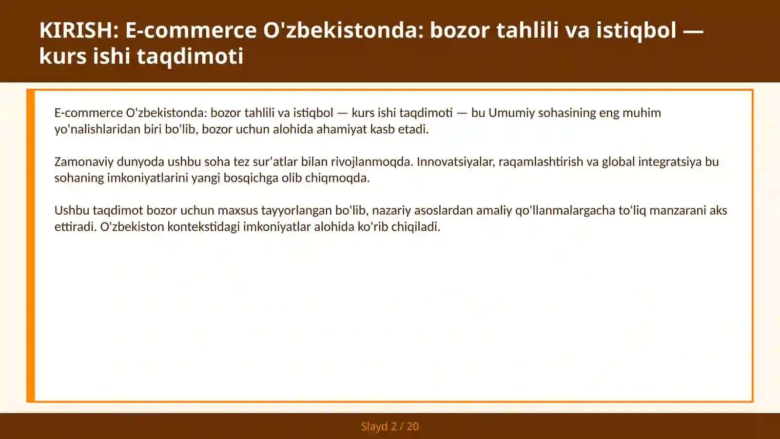 E-commerce O'zbekistonda: bozor tahlili va istiqbol — kurs ishi taqdimoti 2