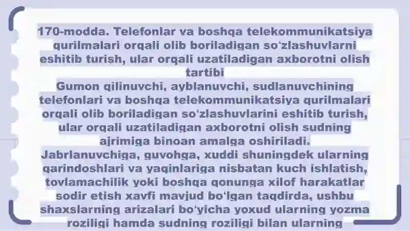 Telefonlar va boshqa telekommunikatsiya qurilmalari orqali olib boriladigan so'zlashuvlarni eshitib turish, ular orqali uzatiladigan axborotni olish 2