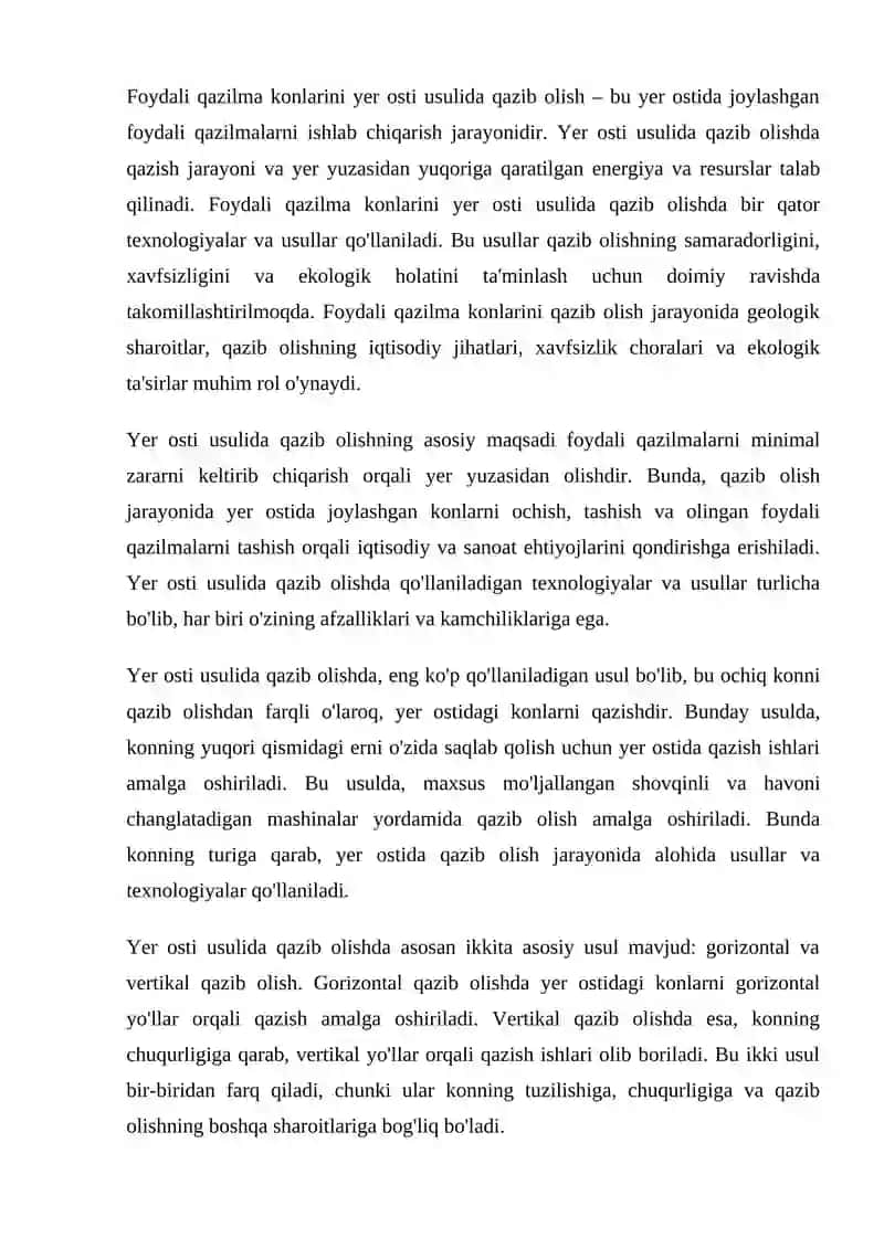 Foydaliqazilma konlarini yer osti usulida qazib olish imkoniyatlari 2