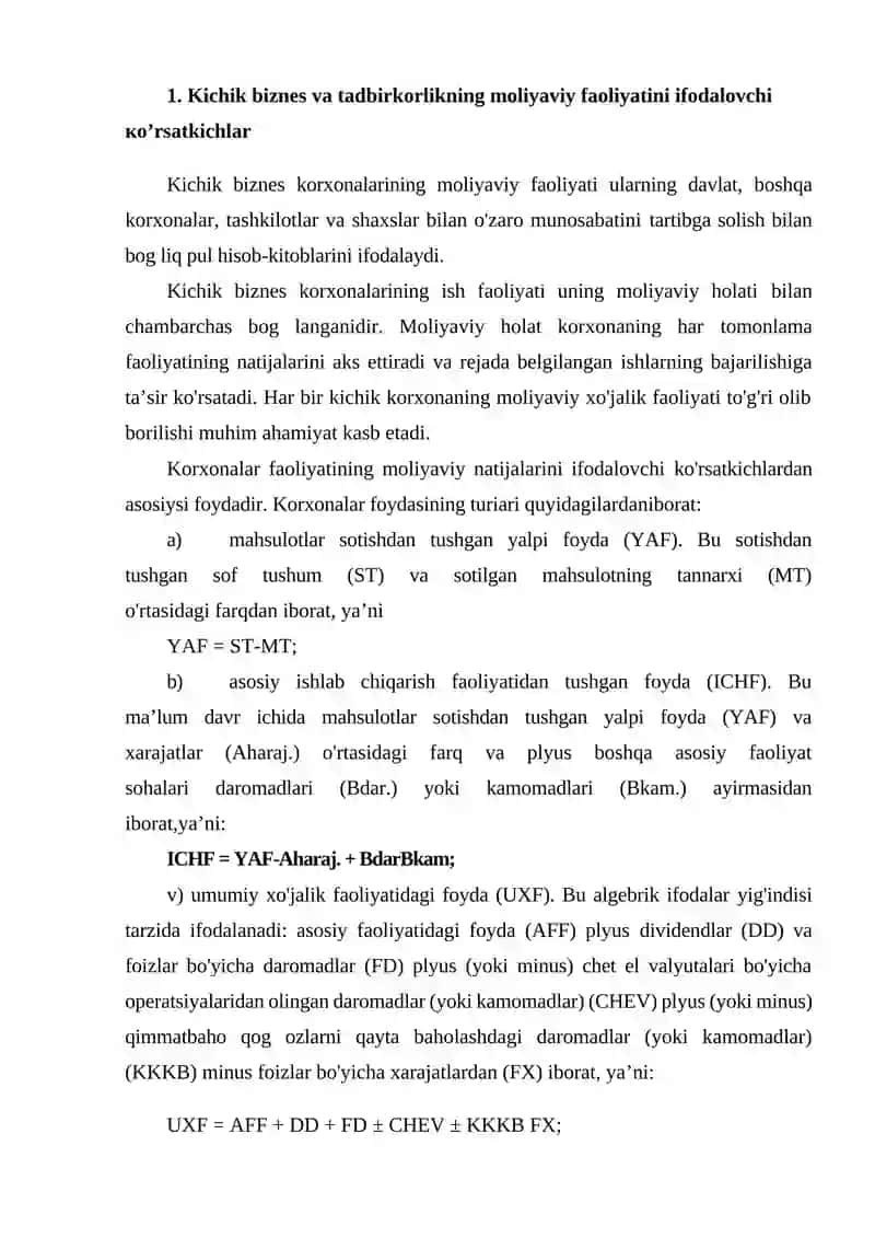 Kichik biznes va tadbirkorlik subyektlarining moliyaviy faoliyati tahlili 2