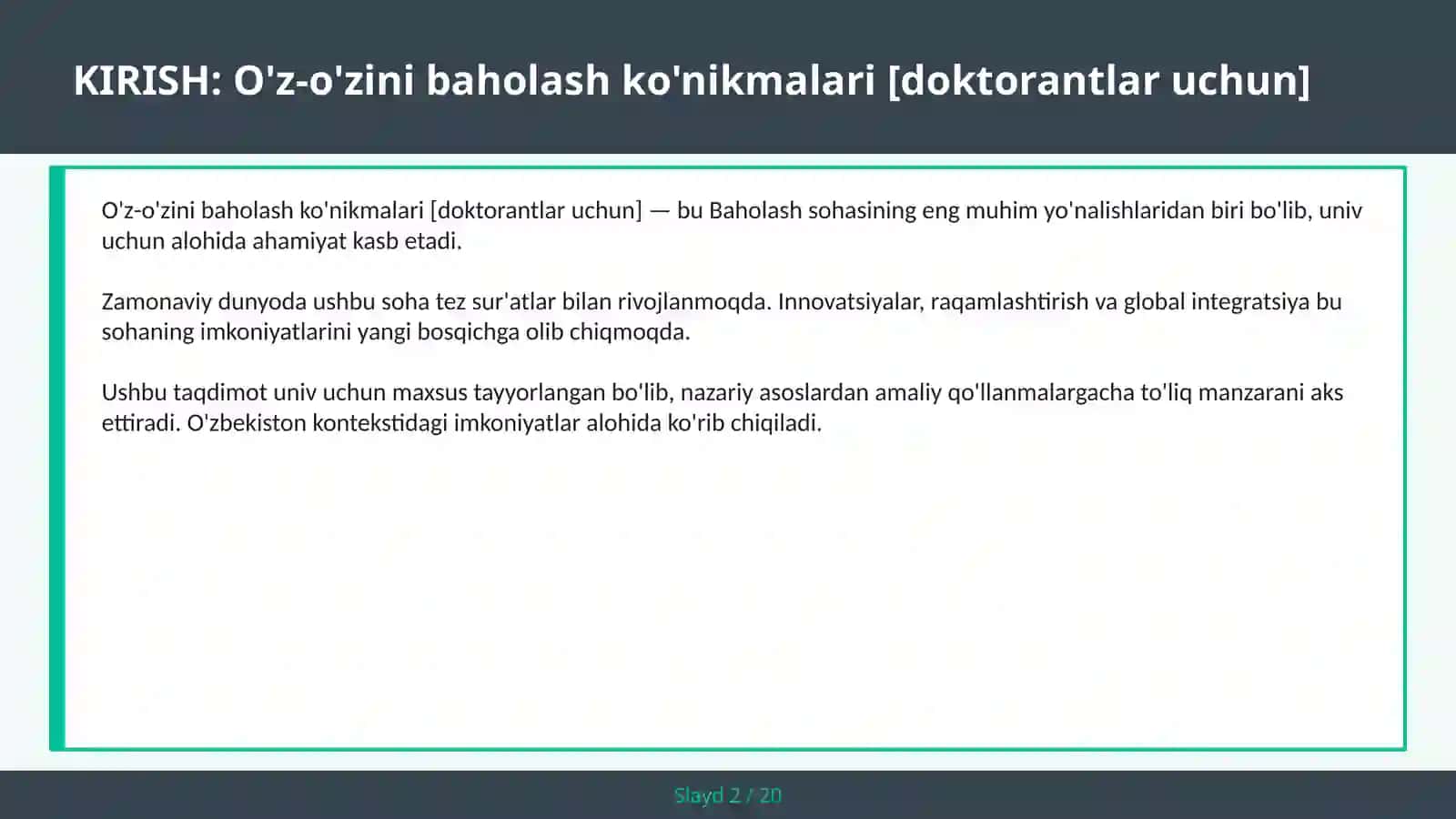 O'z-o'zini baholash ko'nikmalari [doktorantlar uchun] 2