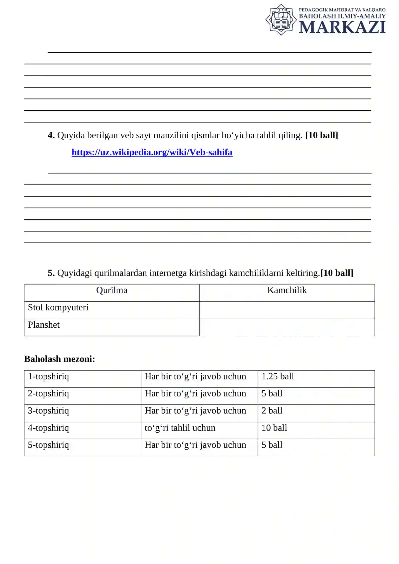 9 sinf Informatika fanidan BSB-1 savollari Variant 1 2