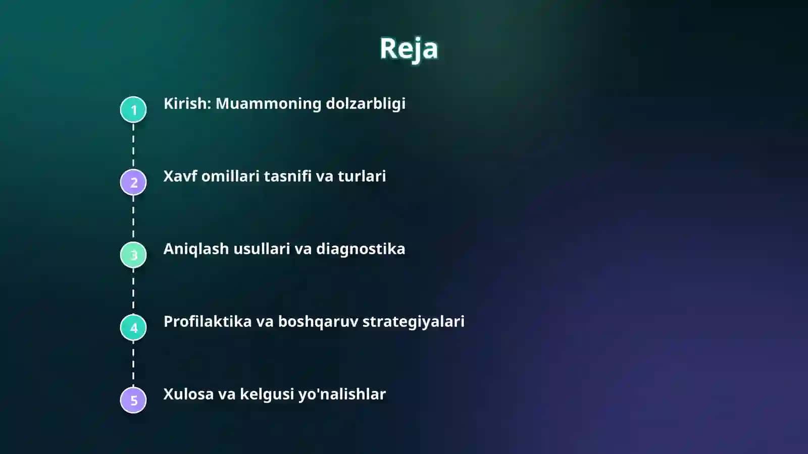 Kasalliklarni kelib chiqishiga sabab bo‘luvchi xavf omillarni aniqlash. 2