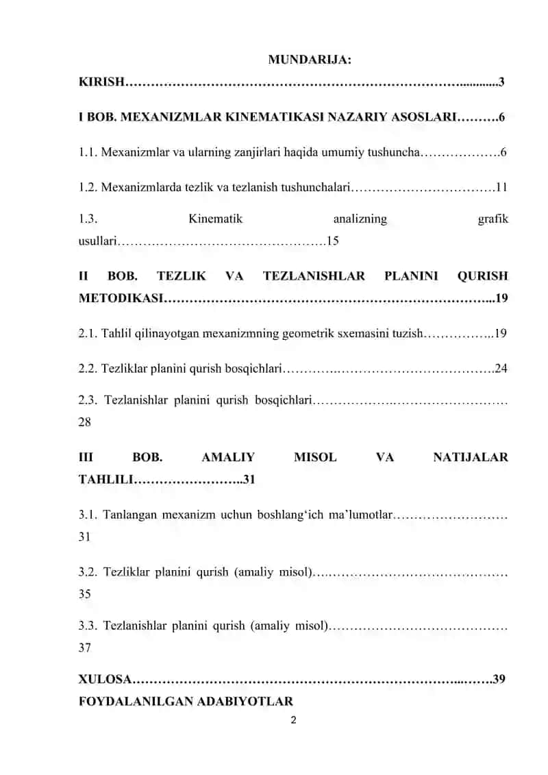 MEXANIZIM ZIVONALARINING TEZLIK VA TEZLANISHLAR PLANINI TUZISH kurs ishi 2
