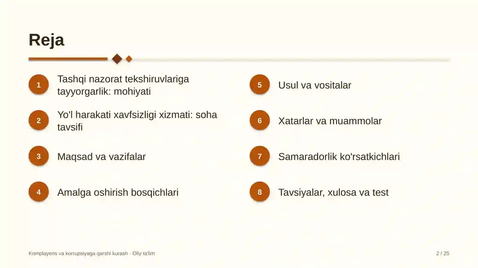 Yo'l harakati xavfsizligi xizmatida komplayens bo'yicha tashqi nazorat tekshiruvlariga tayyorgarlik 2