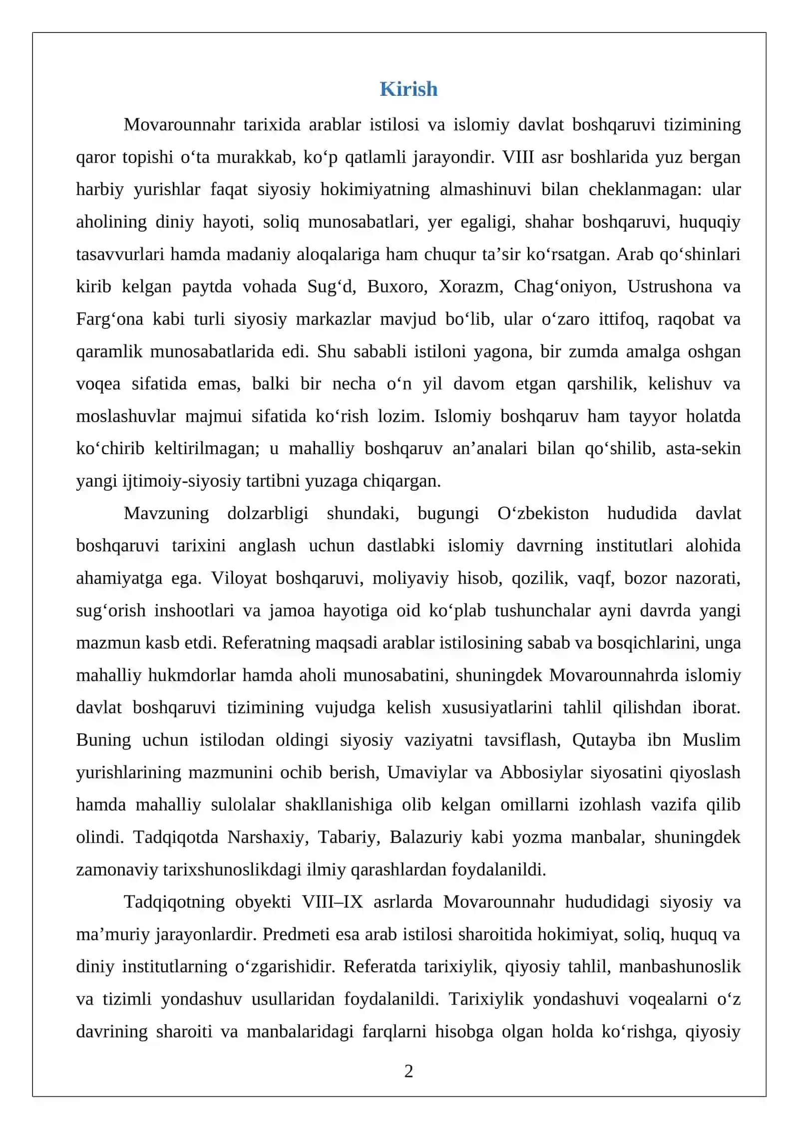 Arablar istilosi va Movarounnahrda islomiy davlat boshqaruvi tizimining qaror topishi 2