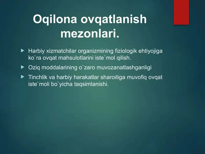 QO`SHINLARNING KAZARMA VA DALA SHAROITLARIDA JOYLASHTIRILGANDA ULARNING OVQATLANTIRILISHINING SANITAR NAZORATI. 2