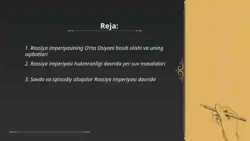 Rossiya imperiyasi hukmronligi davrida oʻlkadagi ijtimoiy iqtisodiy, siyosiy va ma'naviy jarayonlar 2