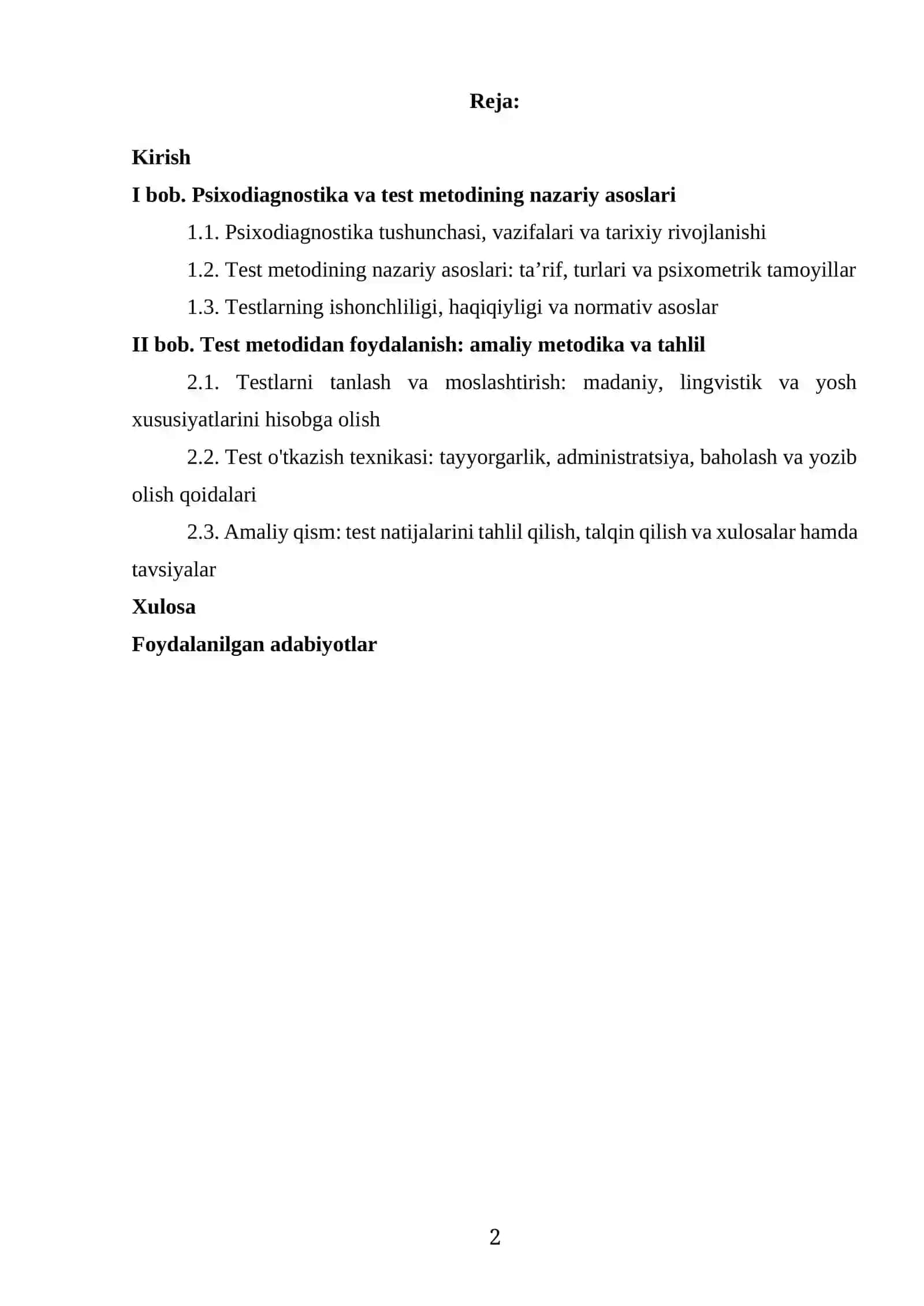 “PISIXADIYAGNOSTIKANI ÕTKAZSHDA TEST METODIDAN FOYDALANISH” MAVZUSIDAGI KURS ISHI 2