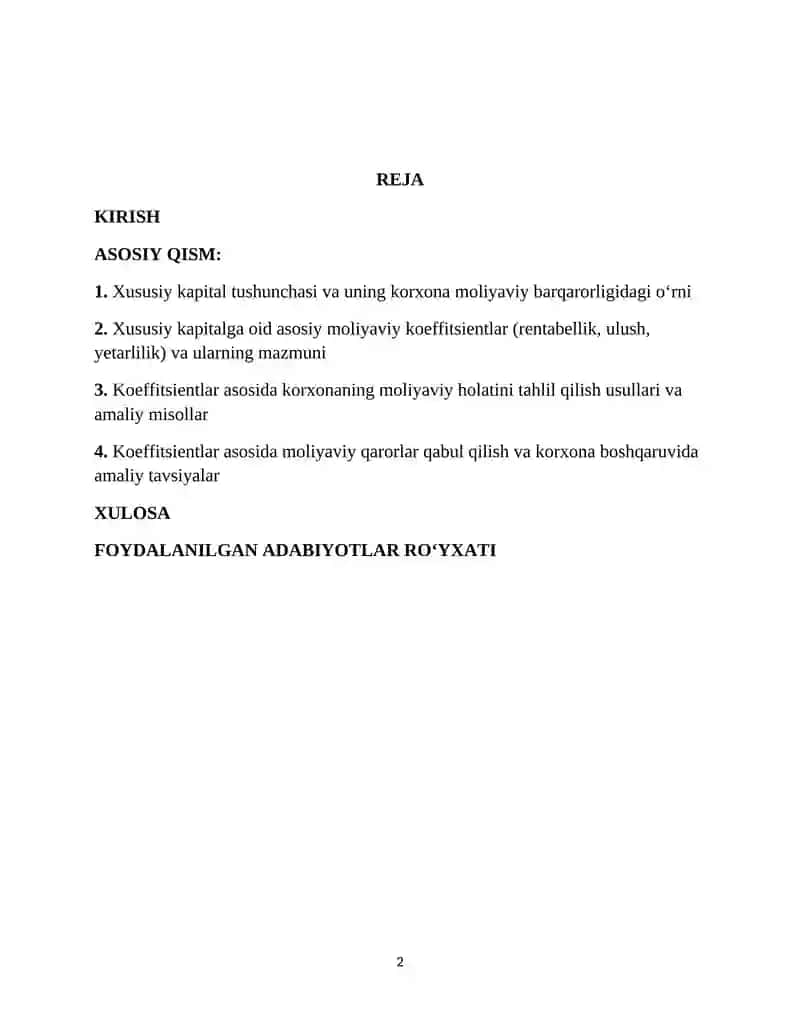Xususiy kapital bilan bog‘liq boʻlgan moliyaviy koeffitsiventlar tahlil 2