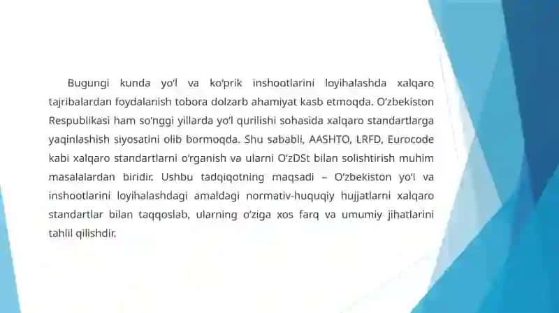 O‘ZBEKISTON VA XALQARO STANDARTLAR (AASHTO, LRFD, EUROCODE, O‘ZDST)NI O‘RGANISH VA ULARNING FARQLARINI TAHLIL QILISH 2