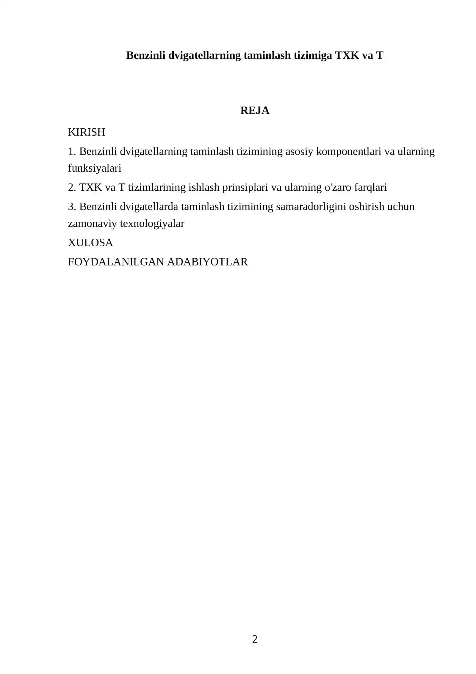 Benzinli dvigatellarning taminlash tizimiga TXK va T 2