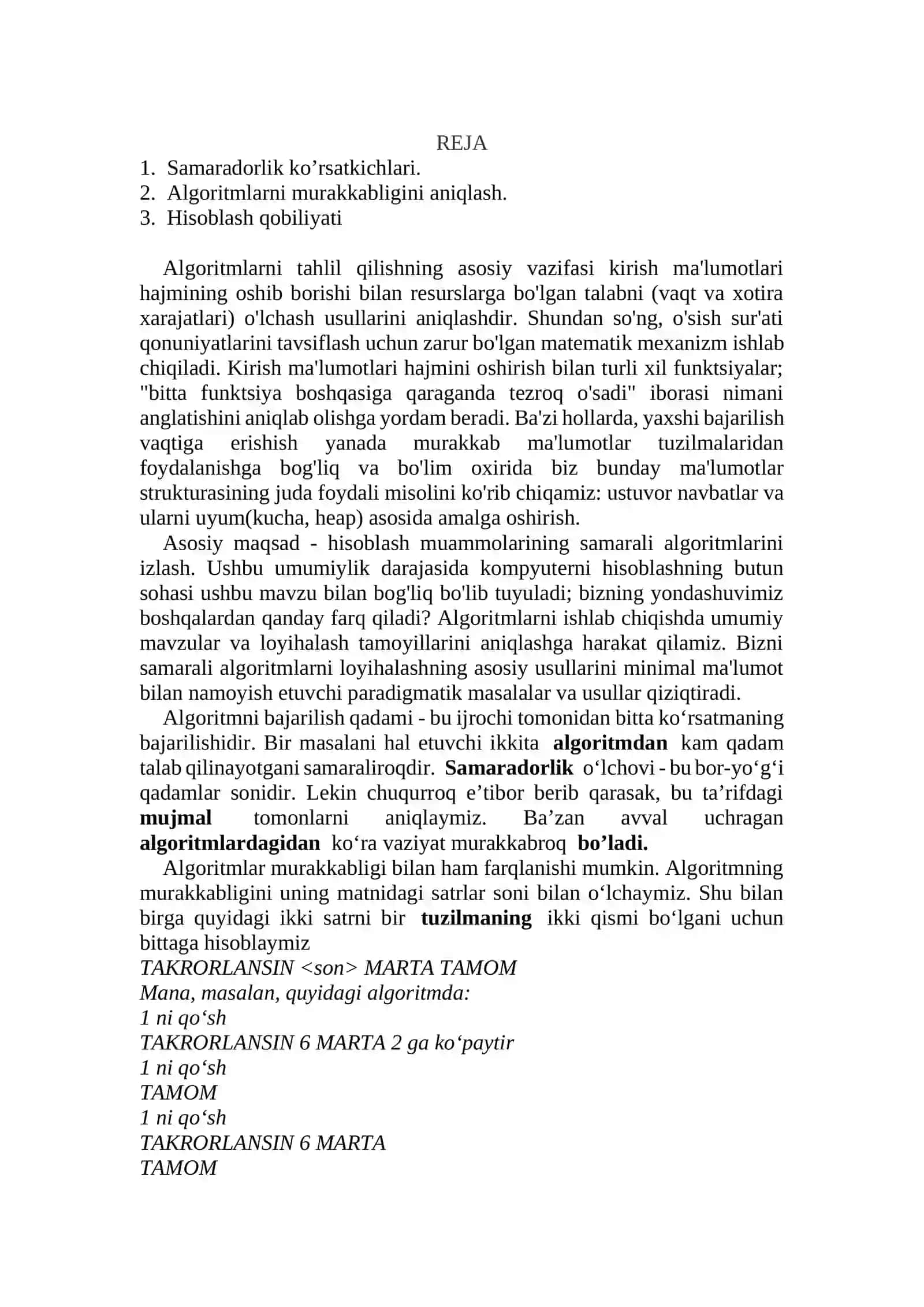 Algoritmlarni vaqt bo’yicha va hajmiy murakkabligini baholash uchun tekis va logarifmik baholash usullari. 2