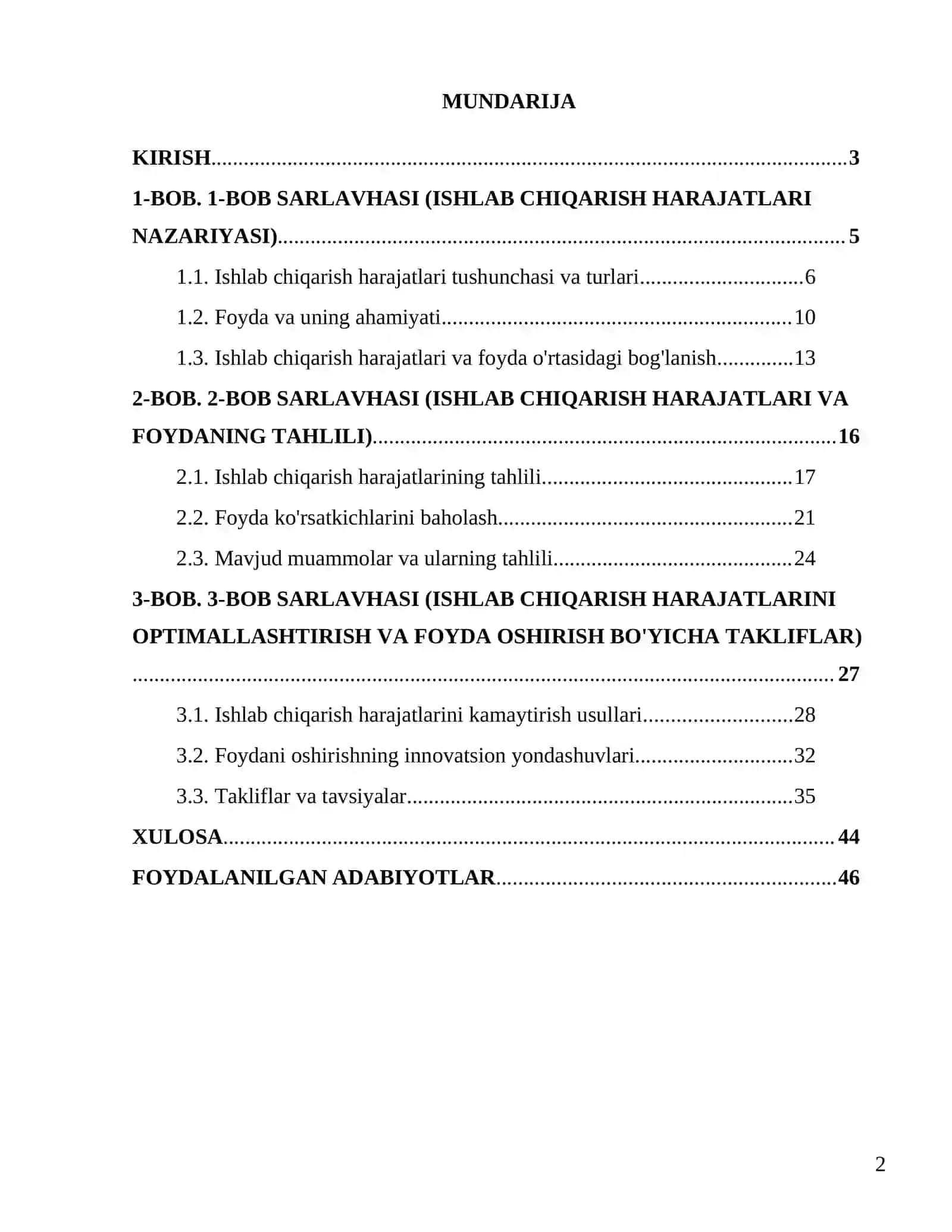 Ishlab chiqarish harajatlari va foyda 2