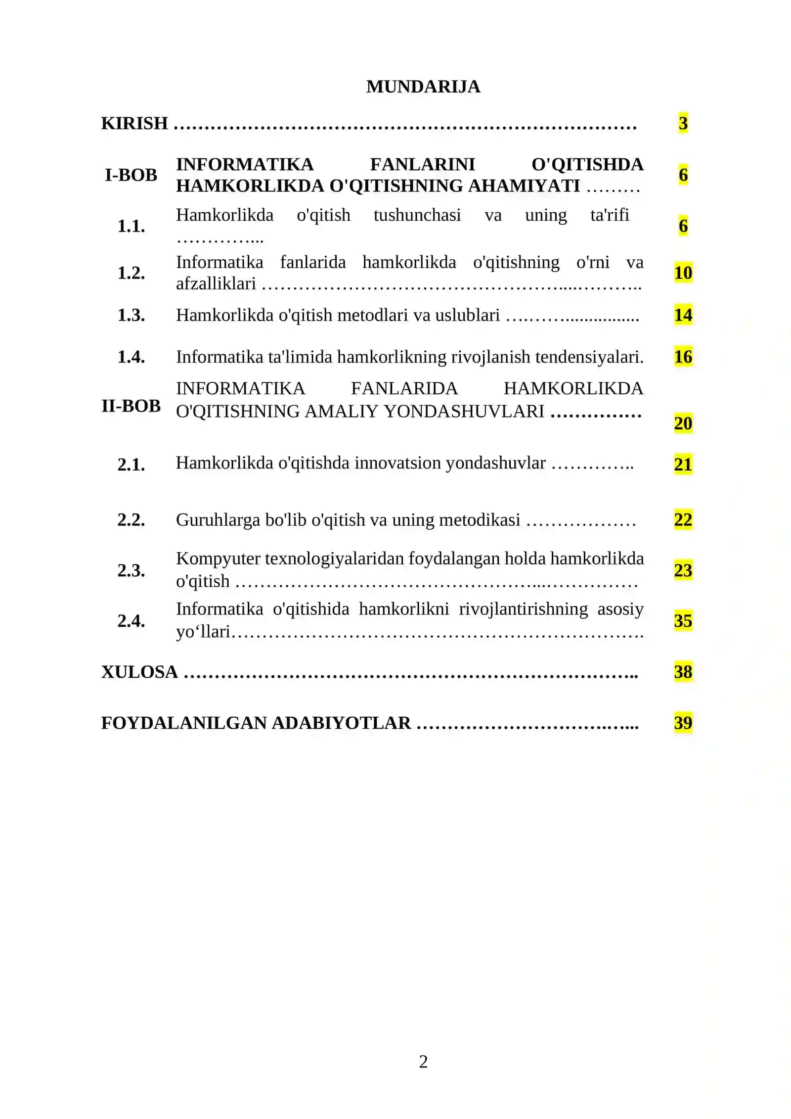 INFORMATIKA FANLARINI OQITISHDA HAMKORLIKDA OQITISHNI REJALASHTIRISH 2