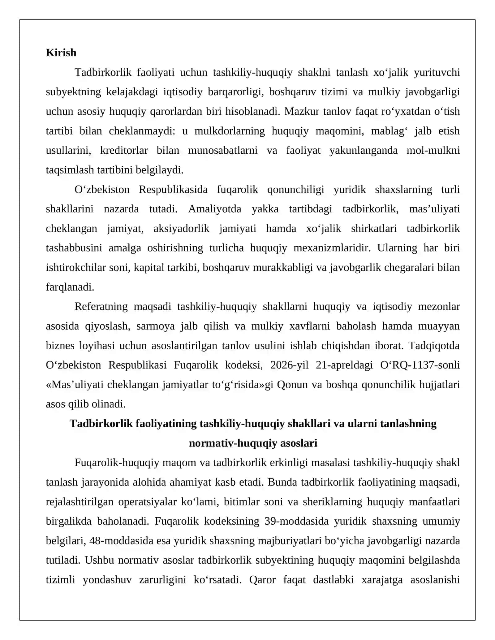 Tadbirkorlik faoliyati uchun tashkiliy-huquqiy shakl tanlash ishtirokchilar soni, sarmoya jalb qilish va mulkiy xatarlar asosida yechim ishlab chiqish.docx 2