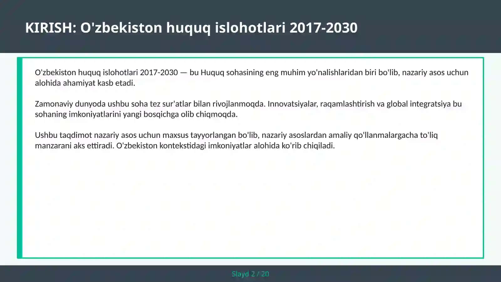 O'ZBEKISTON HUQUQ ISLOHOTLARI 2017-2030 2