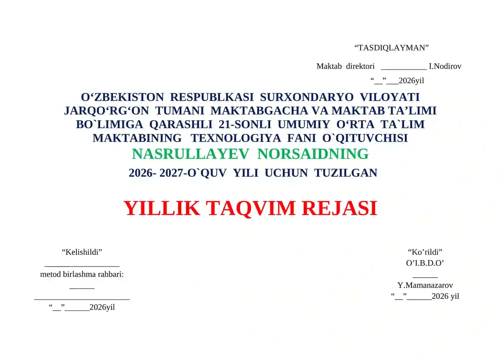 Texnologiya fanidan  yillik ish reja 5-9 sinflar uchun 2
