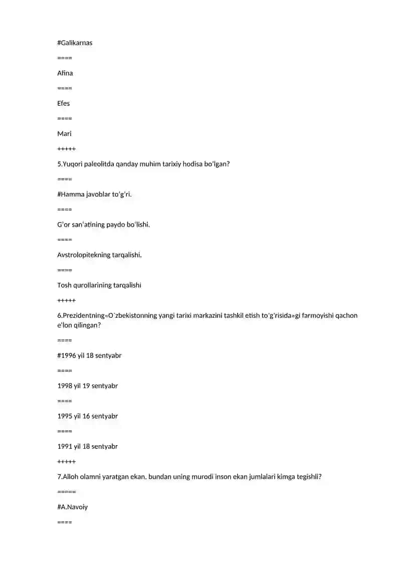 Tarix fanidan test savollari 2