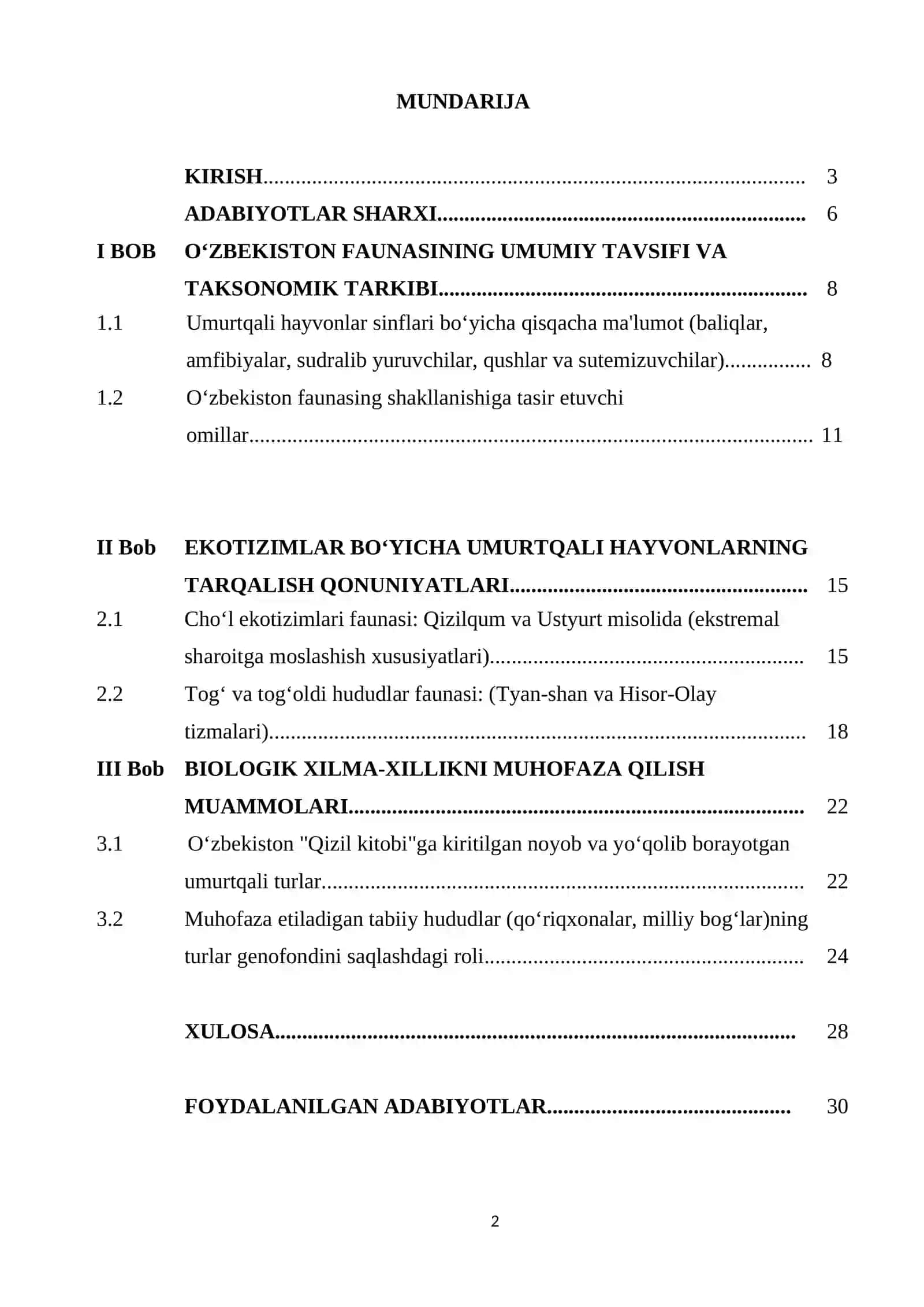Oʻzbekistonda uchraydigan umurtqali hayvonlarning biologik xilma-xilligi va ekotizimlar (choʻl,tog’ va tog’oldi,oʻrmon suv havzalari) boʻyicha tarqalishi 2