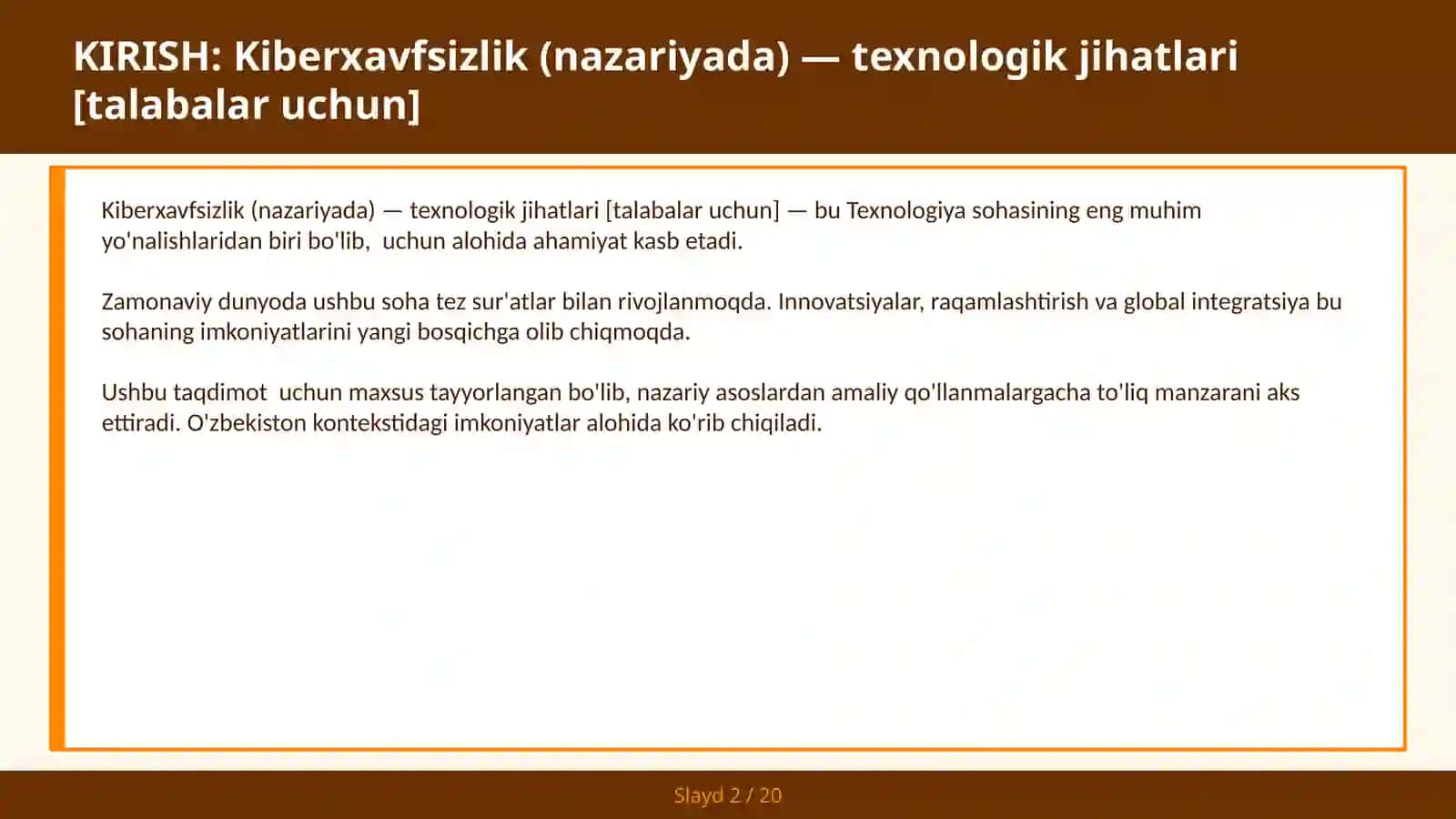 KIBERXAVFSIZLIK (NAZARIYADA) — TEXNOLOGIK JIHATLARI [TALABALAR UCHUN] 2