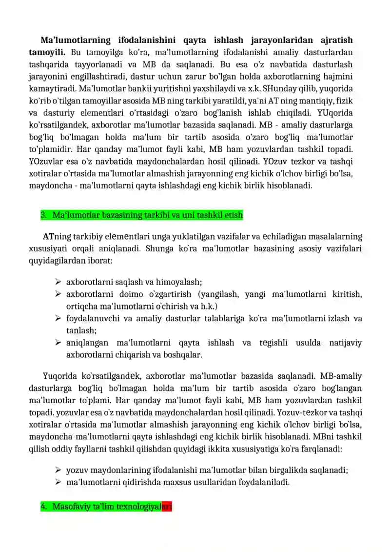 Malumotlar bazasiga doir 100 ta savol javoblari bilan 2