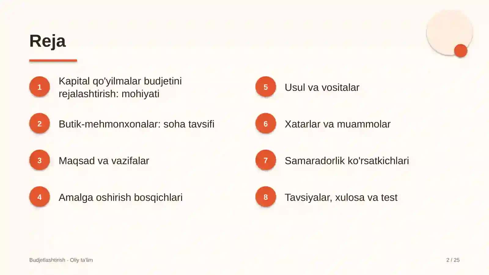 Butik-mehmonxonalarda kapital qo'yilmalar budjetini rejalashtirish 2