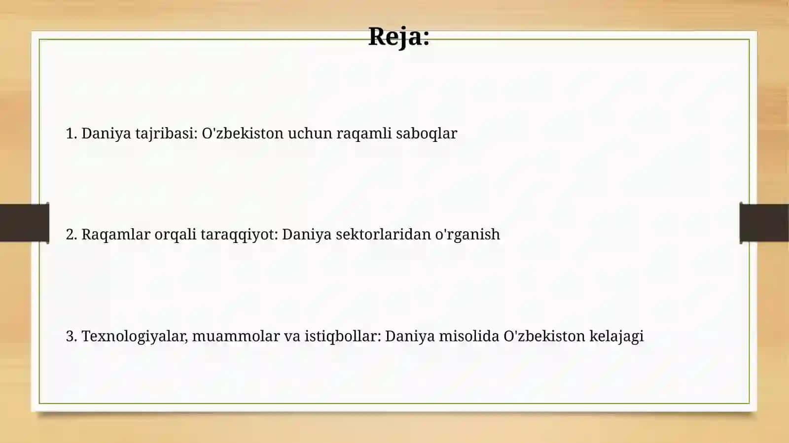 Daniya haqida va barcha tarmoqlari raqamlarda O'zbekiston uchun qanday namunalar olsak bo'ladi 2