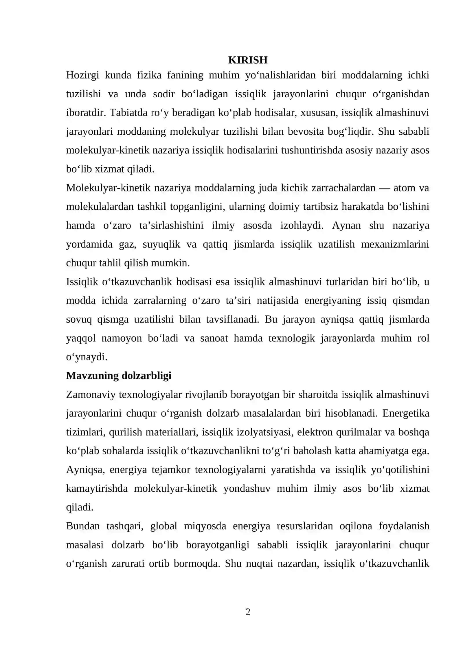 Molekulyar-kinetik nazariya asosida issiqlik o‘tkazuvchanlik jarayonini tahlil qilish 2