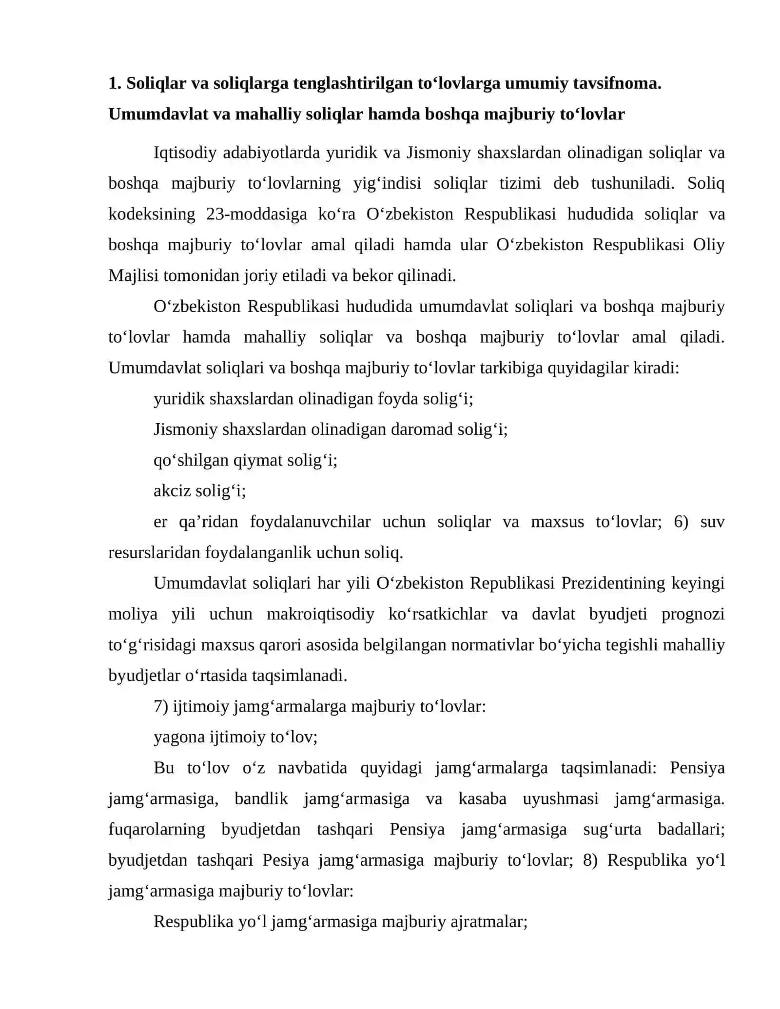 Soliqlar va soliqlarga tenglashtirilgan toʻlovlarga umumiy tavsifnoma 2