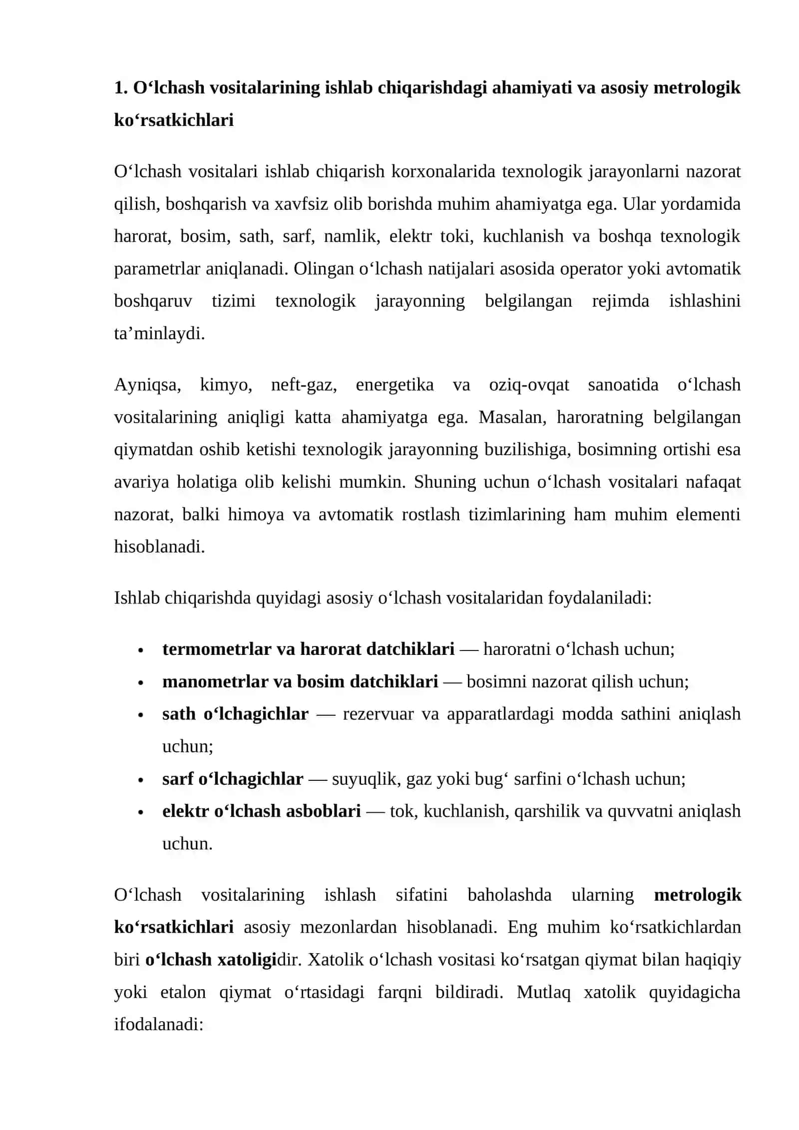mustaqil ish O‘lchash vositalarining ishlab chiqarishdagi ishonchliligi va aniqligini tahlil qilish. 2