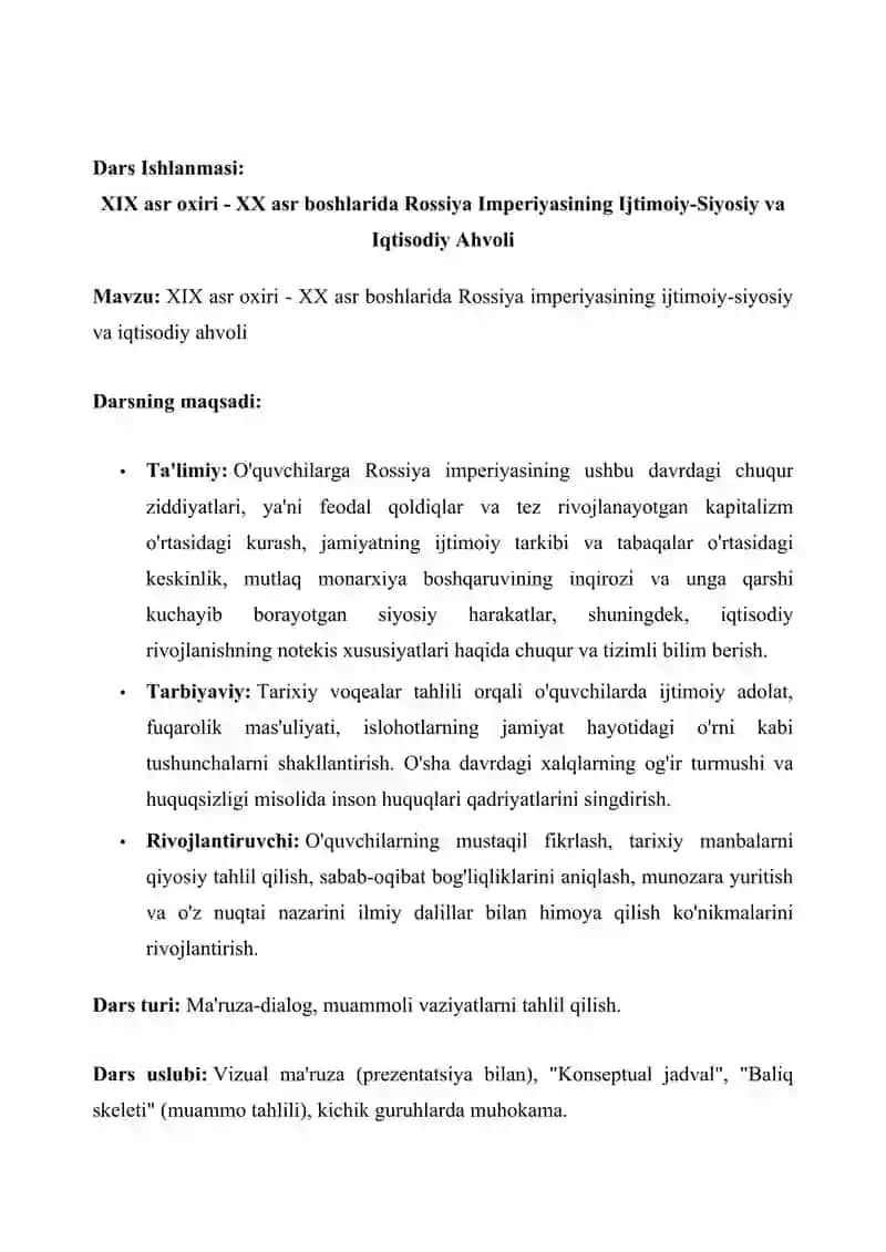 DARS ISHLANMA XIX ASR OXIRI - XX ASR BOSHLARIDA ROSSIYA IMPERIYASINING IJTIMOIY-SIYOSIY VA IQTISODIY AHVOLI 2