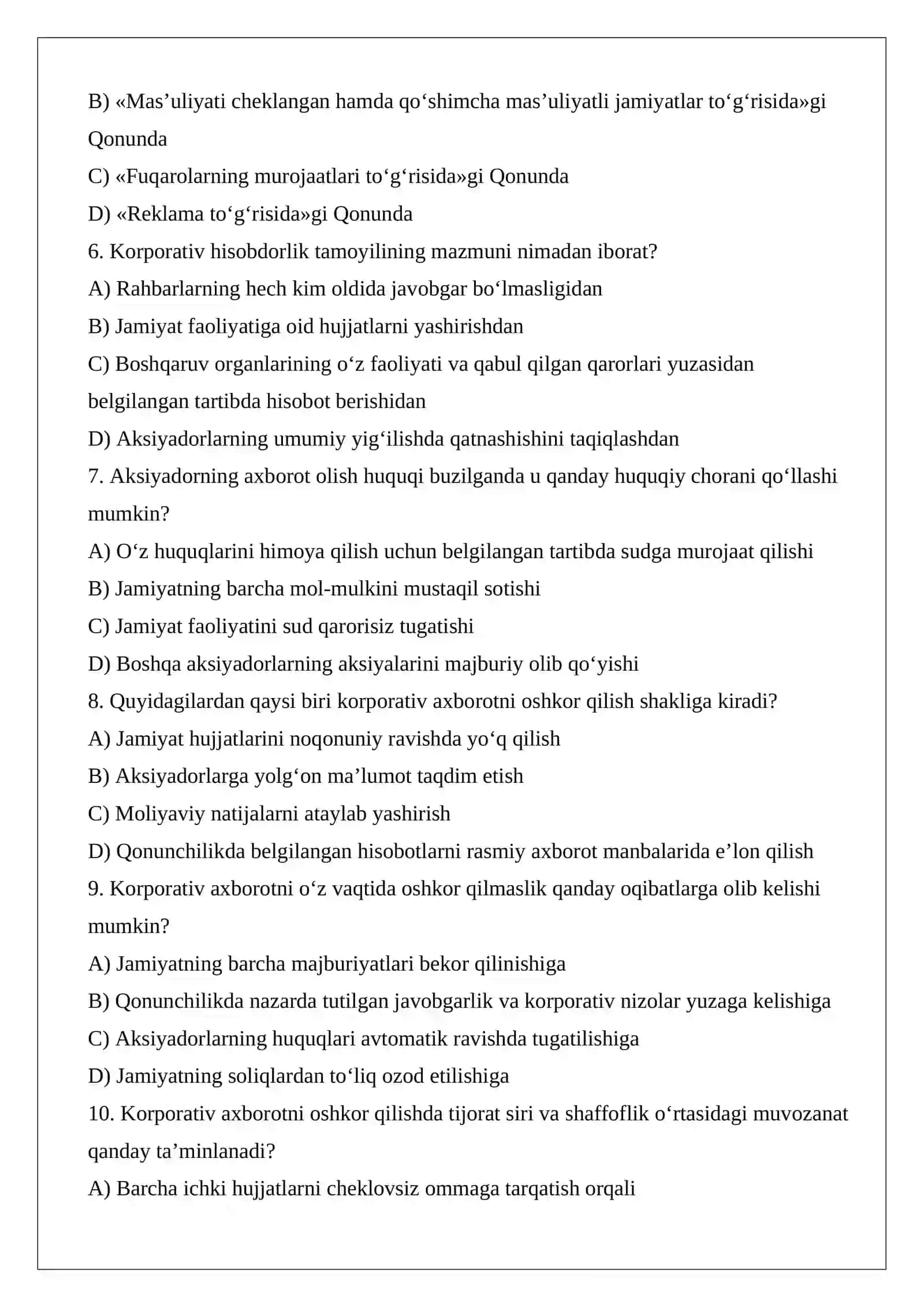 Korporativ axborotni oshkor qilish va ishtirokchilarga taqdim etish shaffoflik, hisobdorlik va axborot olish huquqi test.docx 2