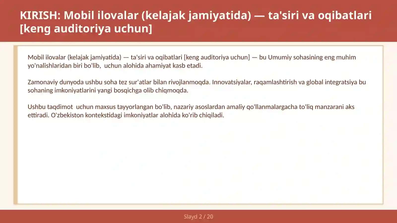 MOBIL ILOVALAR (KELAJAK JAMIYATIDA) — TA'SIRI VA OQIBATLARI [KENG AUDITORIYA UCHUN] 2