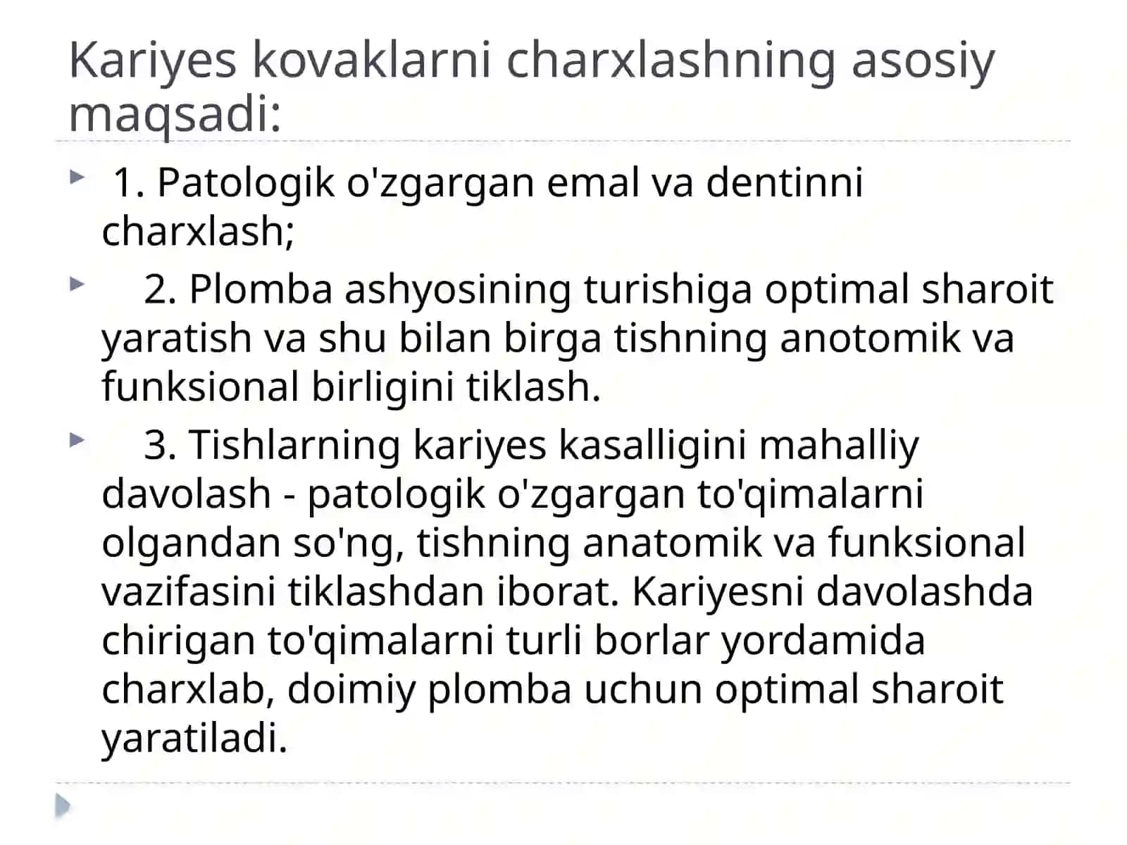 Blek bo’yicha 1-sinfli kariozkovaklarni restavratsiya qilish 2
