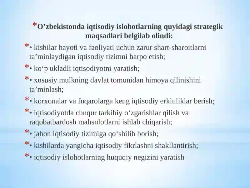 О‘ZBEKISTONDA IQTISODIY ISLOHOTLARNING  AMALGA OSHIRILISHI, BOZOR MUNOSABATLARINING SHAKLLANISHI 2